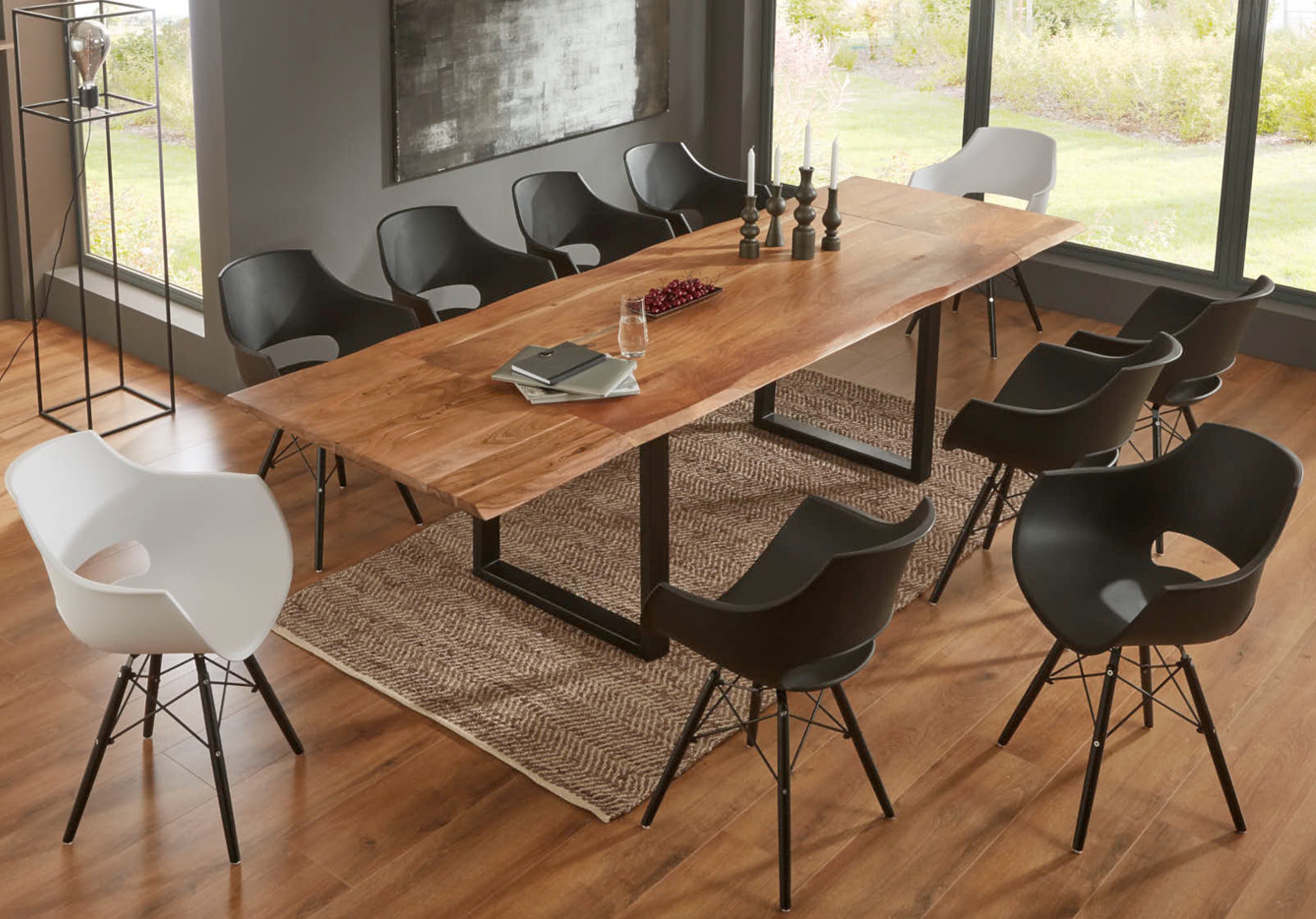 Esstisch Baumkante Akazie natur 220(320)x100 Ansteckplatten schwarz ADINA Esstisch Baumkante Akazie natur 220(320)x100 Ansteckplatten schwarz ADINA
