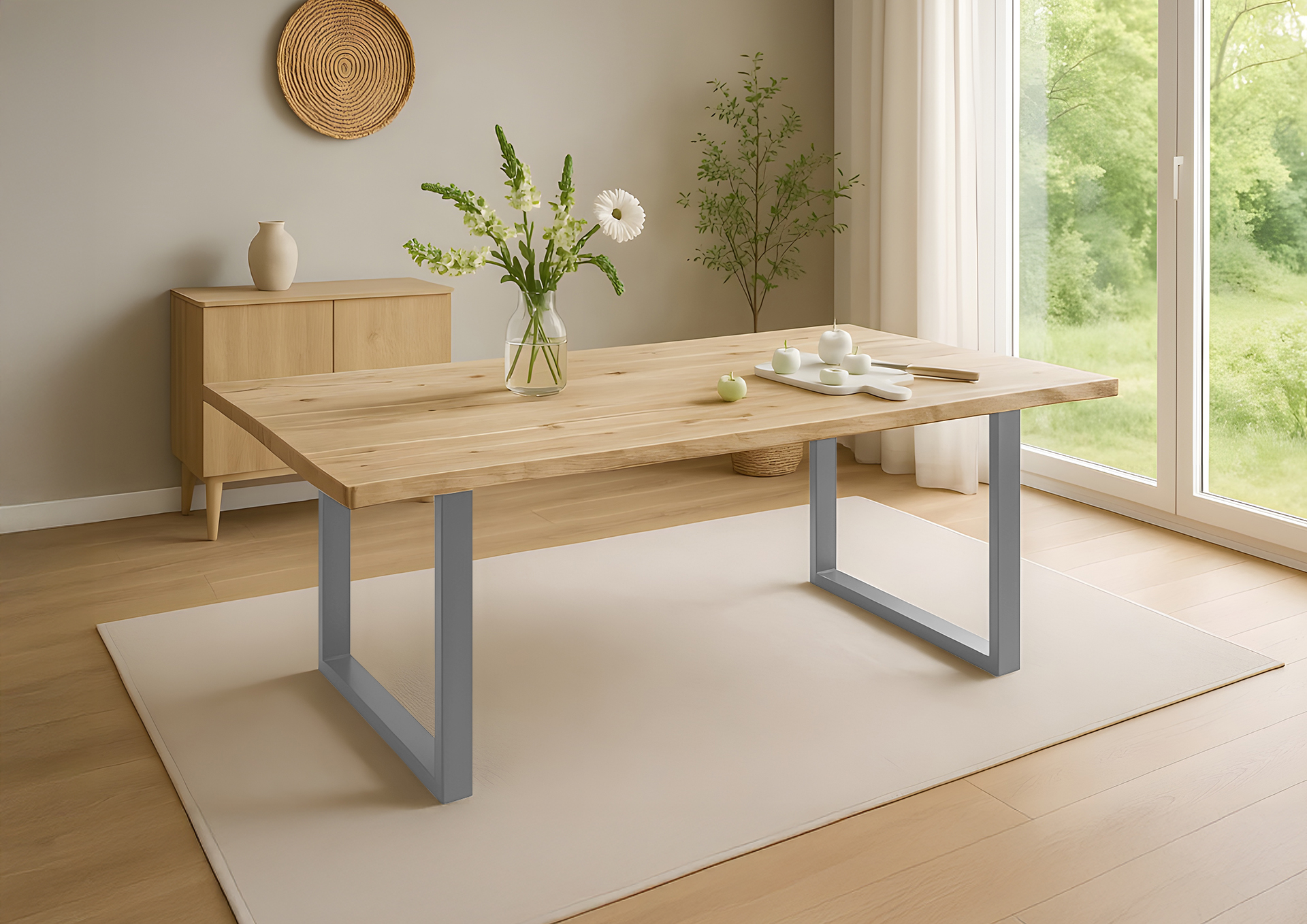 Esstisch Baumkante Akazie naturfarben 120 x 80 cm U-Gestell silber HARLEY