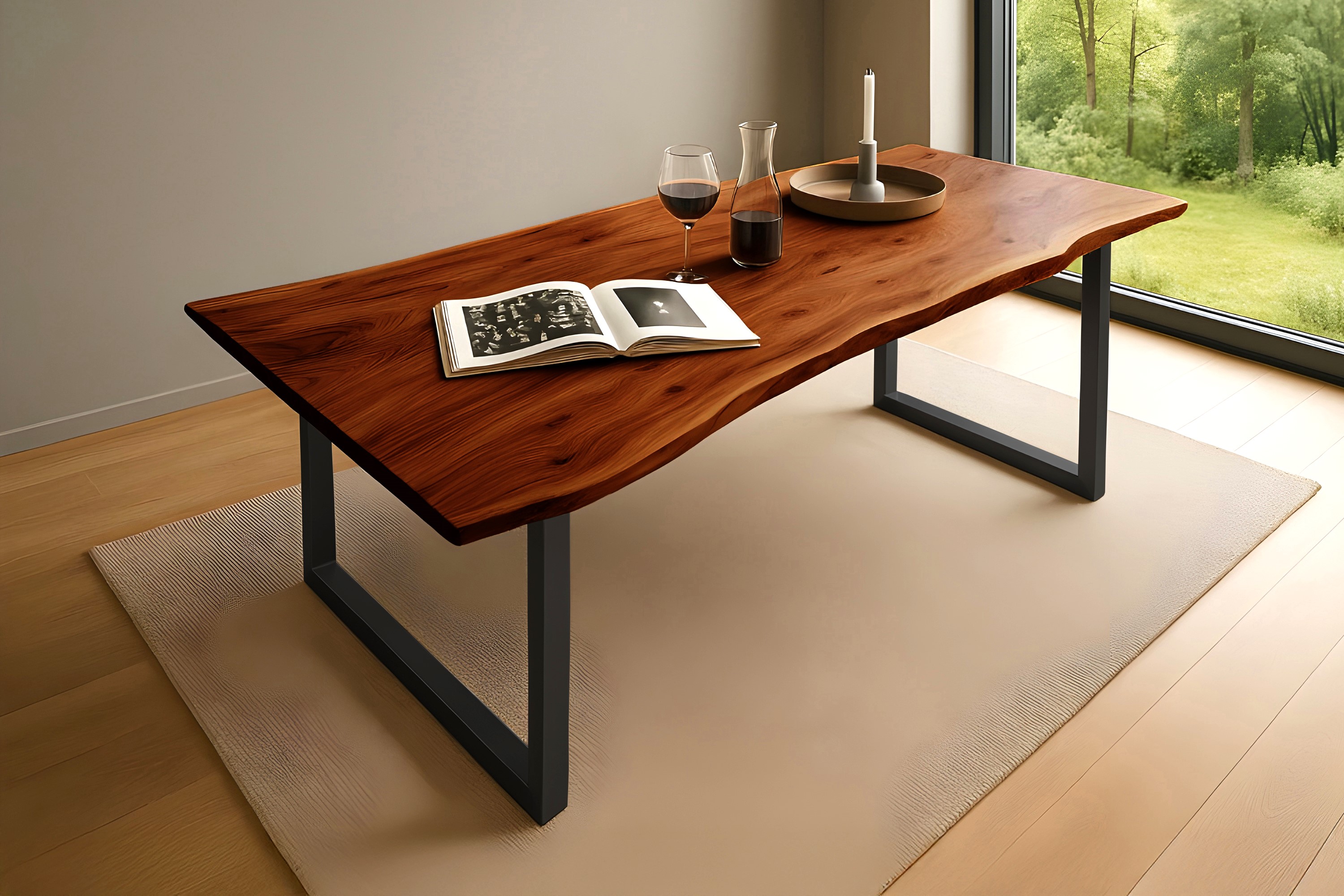 Esstisch Baumkante massiv Akazie nussbaum 220 x 100 U-Gestell schwarz QUINN