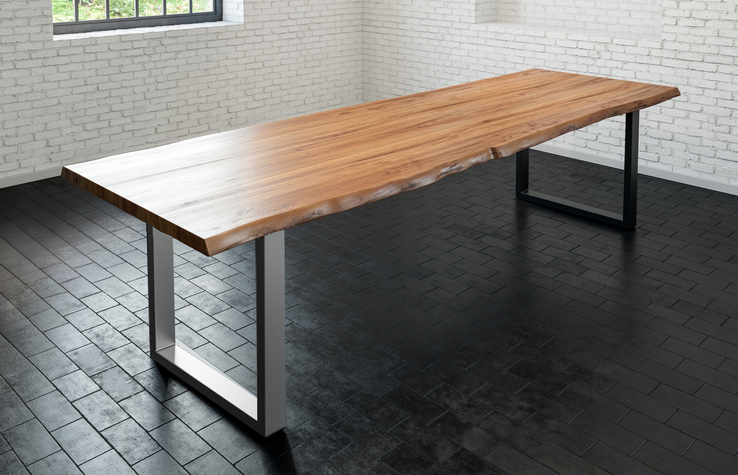  Esstisch Baumkante massiv Akazie natur 300 x 100 silber LIAM