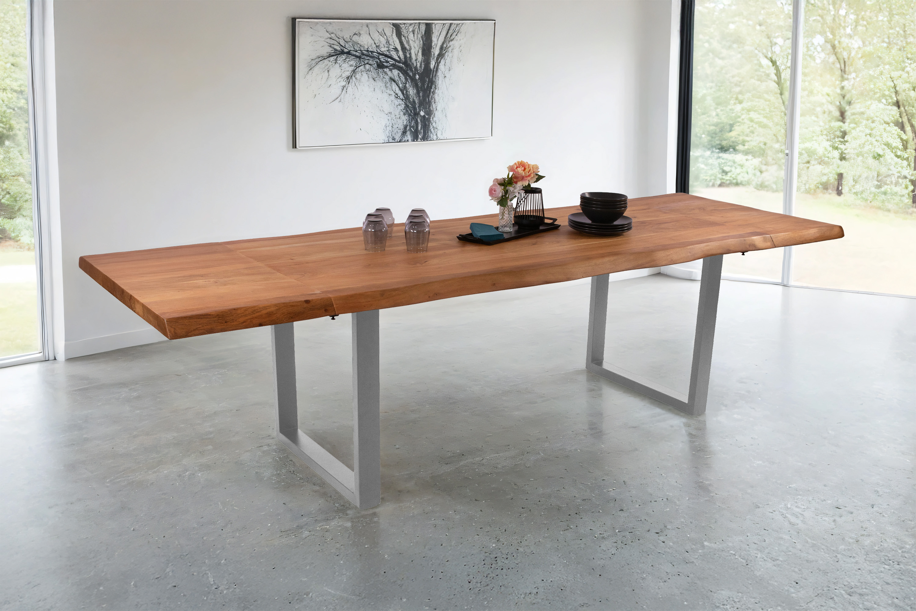 Esstisch Baumkante Akazie natur 140 (220) x 90 cm U-Gestell silber mit Ansteckplatten CALI
