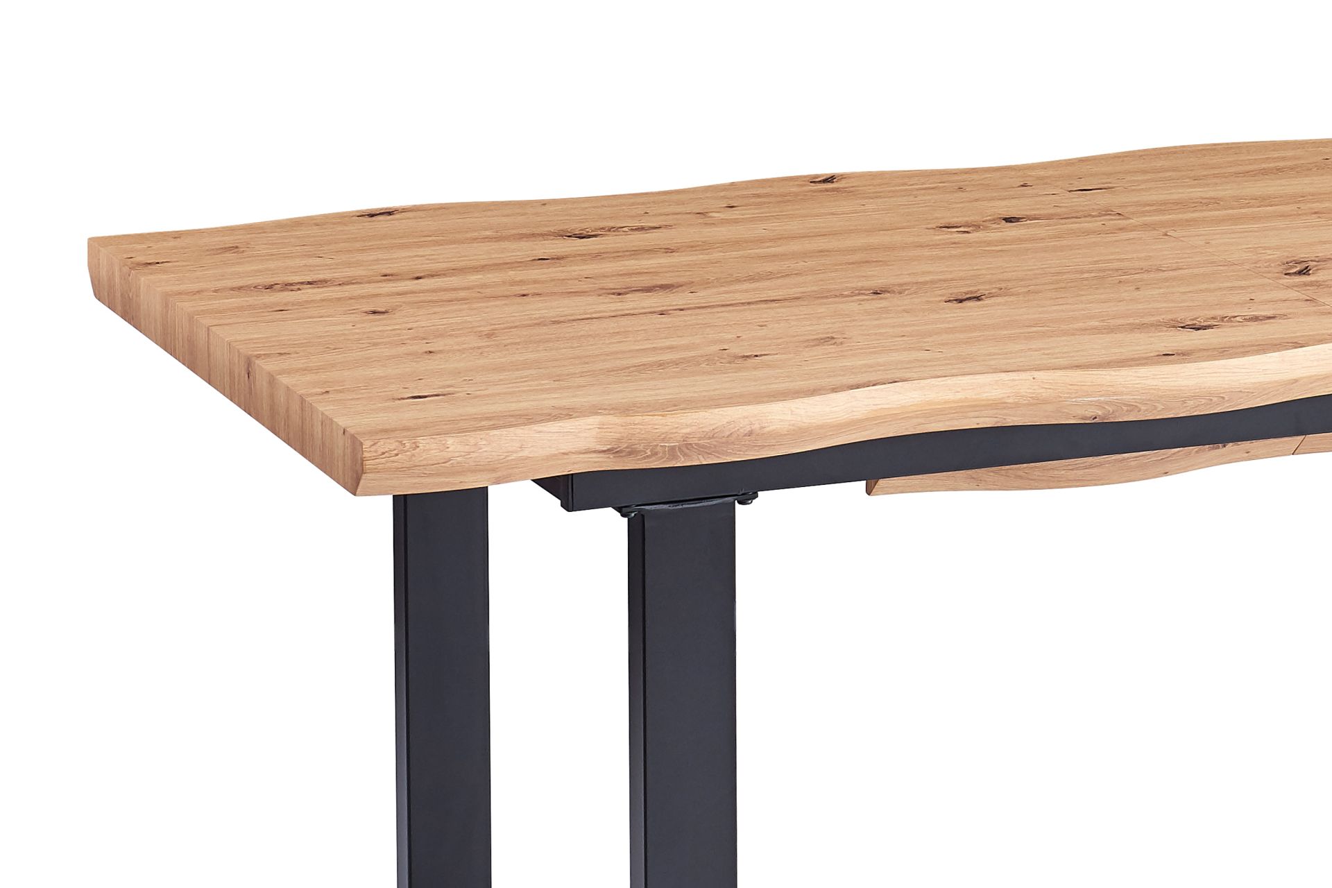 Esstisch Baumkante Holz Wildeiche-Optik 180(260) x 90 U-Gestell schwarz SWAN