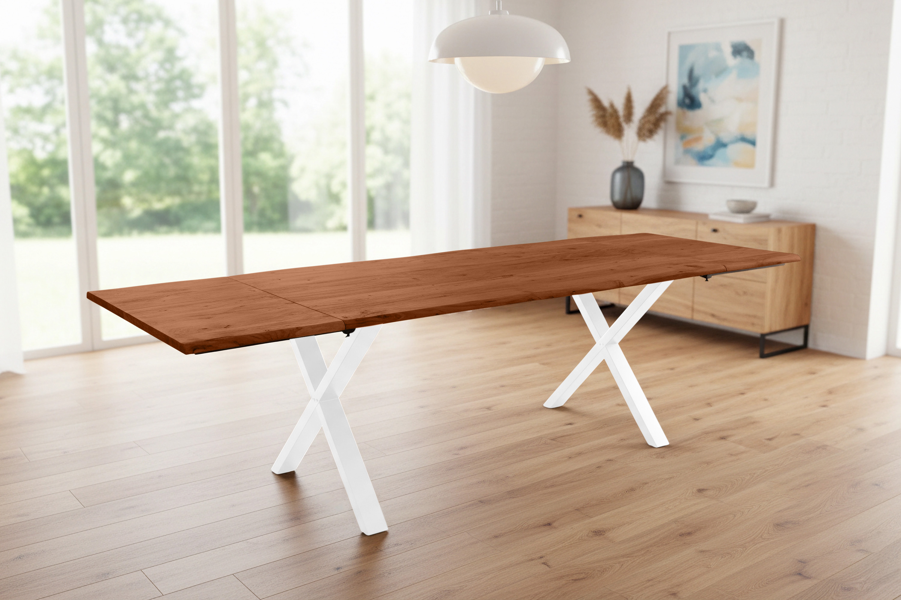 Esstisch Baumkante Akazie nuss 160(260)x90 Ansteckplatten X-Gestell weiß AVINO