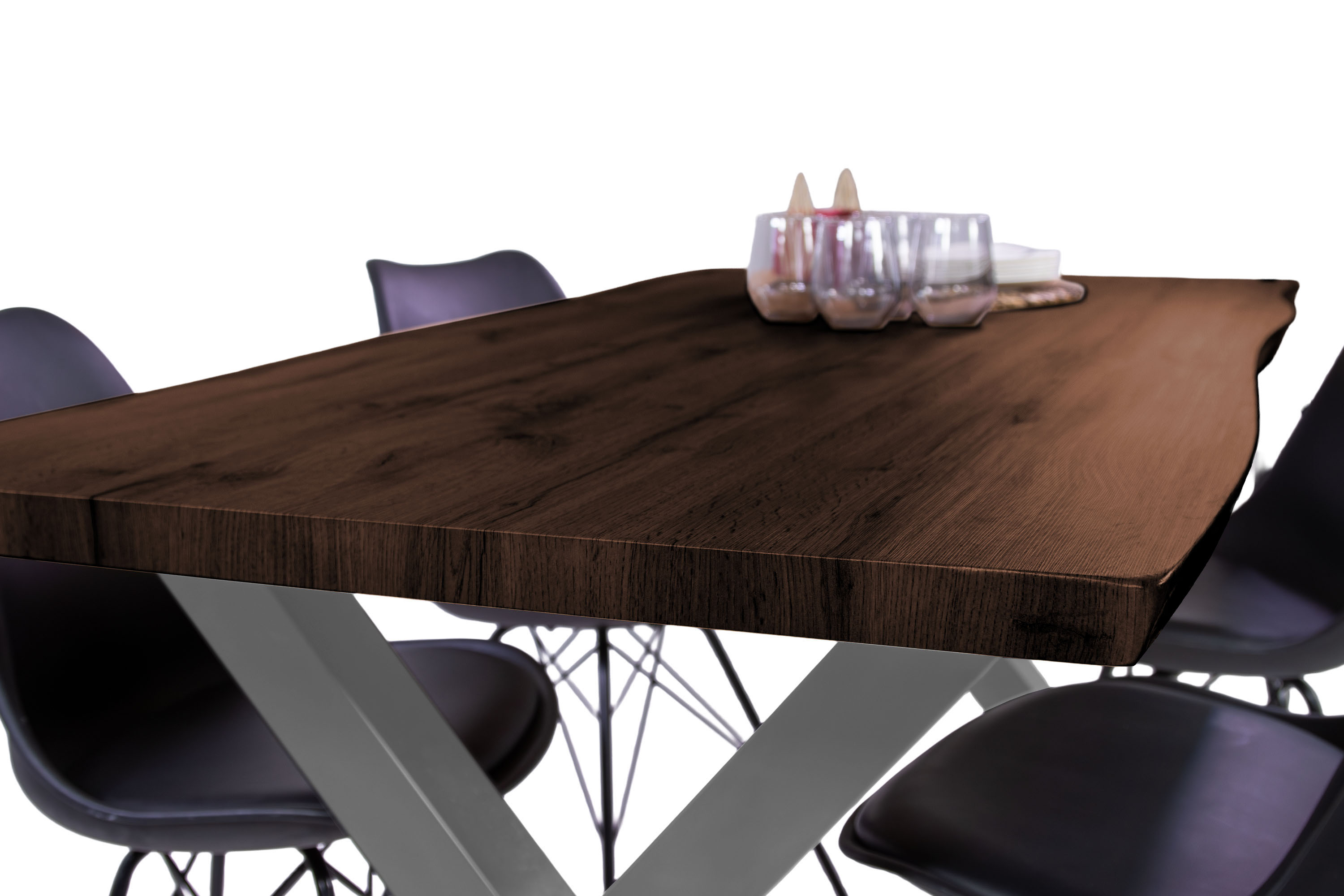 Esstisch Baumkante Holz-Optik Nussbaum 160 x 85 X-Gestell silber JOSY