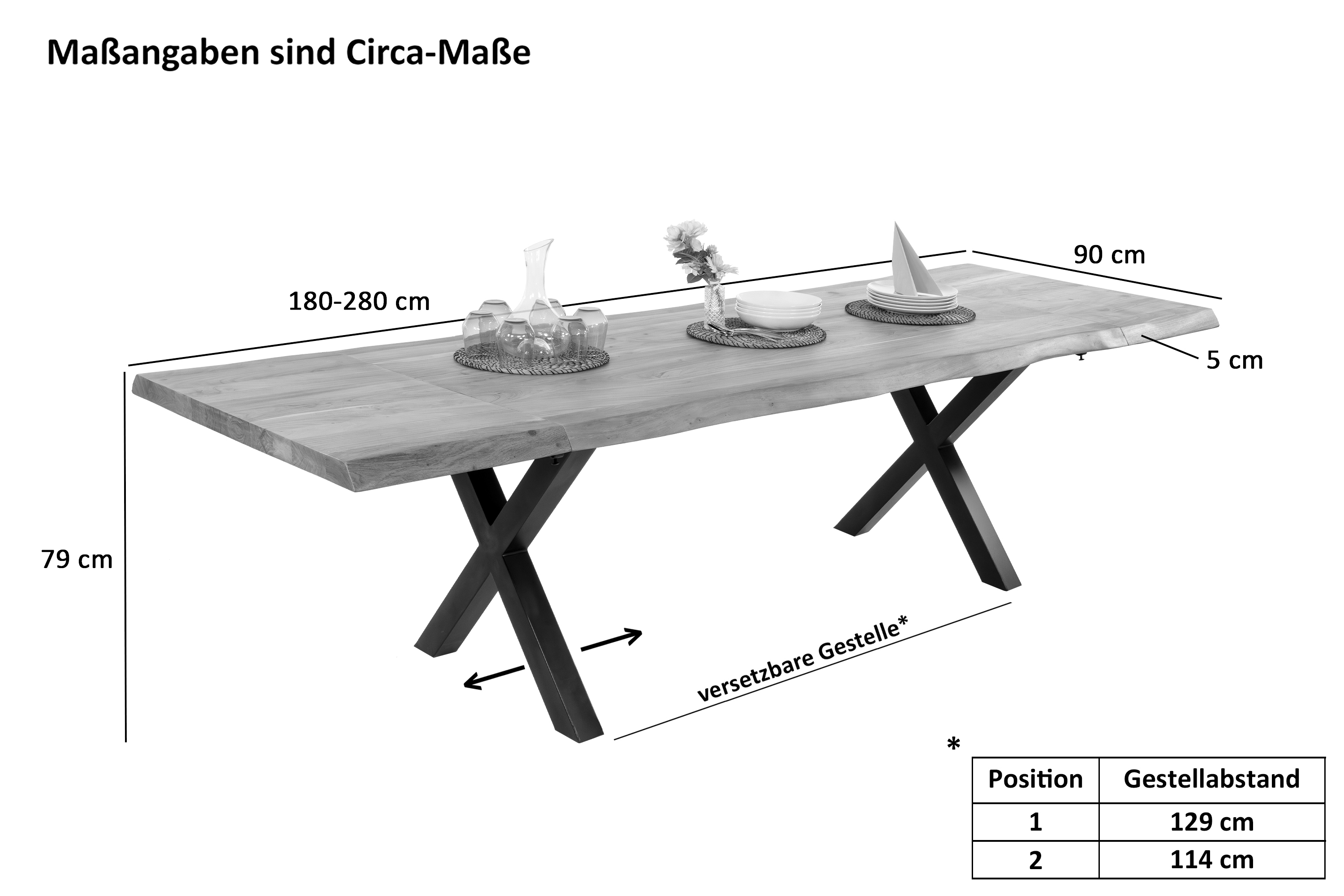 Esstisch Baumkante Akazie natur 180 (280) x 90 X-Gestell schwarz mit Ansteckplatten CALI