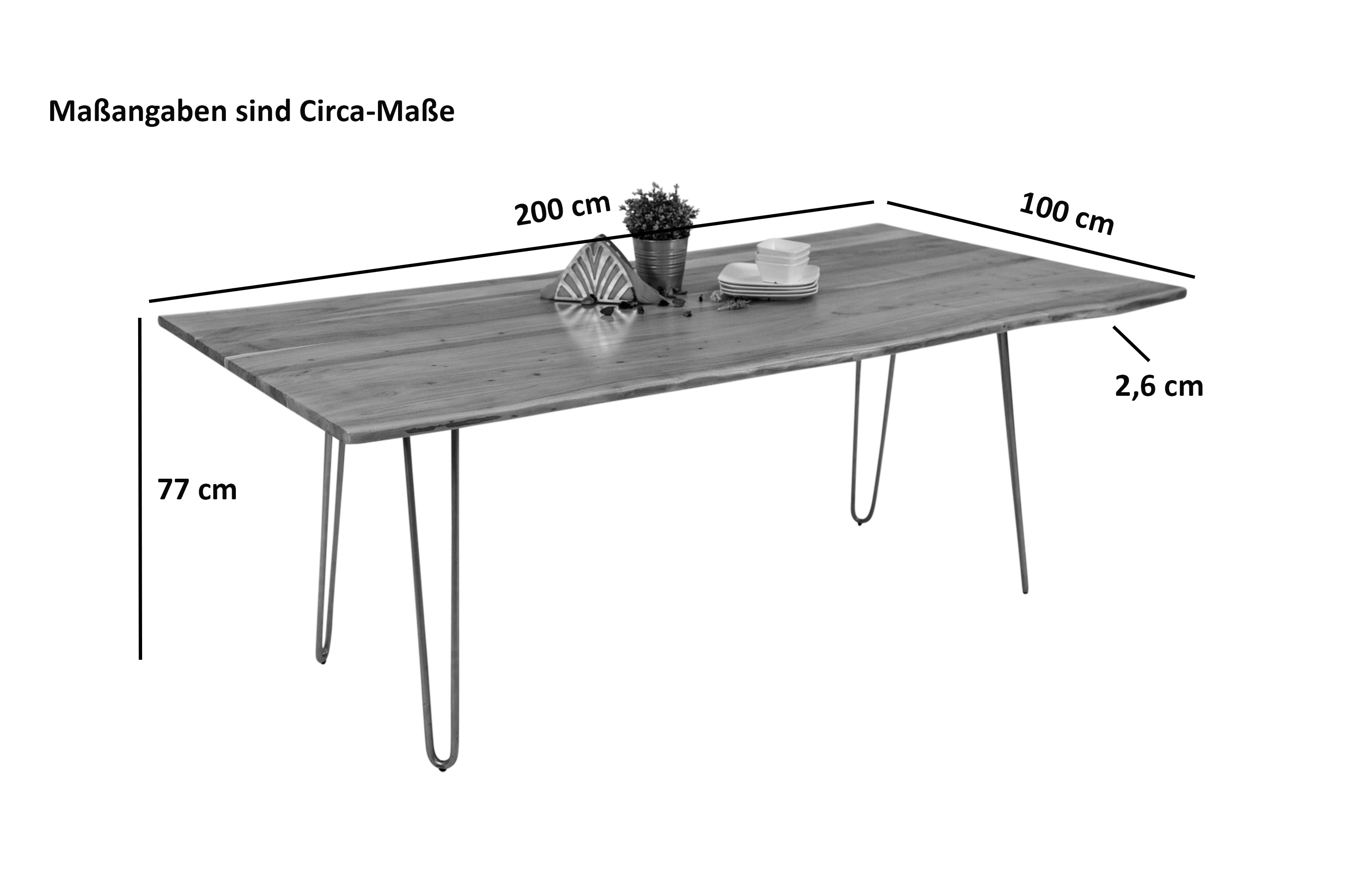  Esstisch Baumkante massiv Akazie natur 200 Hairpin-Gestell silber  HANNAH
