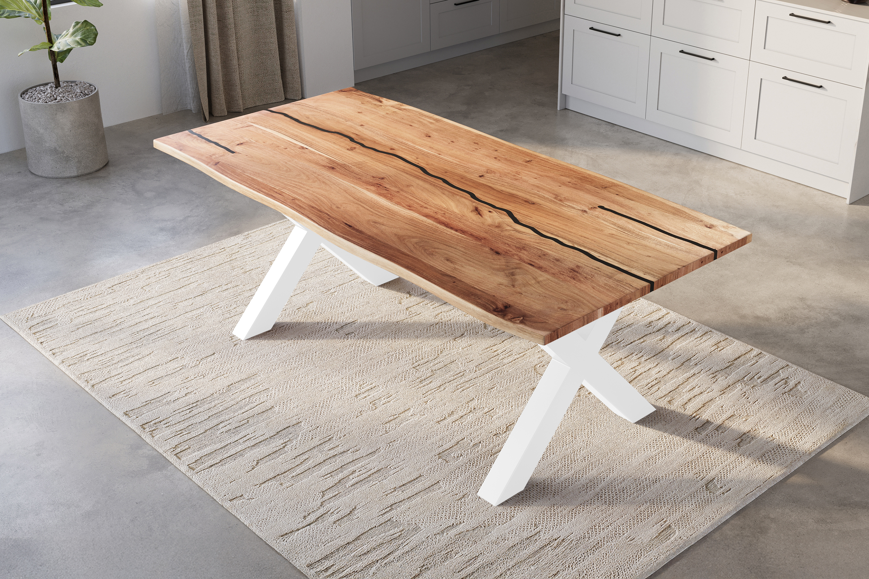 Baumkantentisch Akazie mit schwarzen Resin-Adern naturfarben 240 x 100 cm X-Gestell weiß POLLY