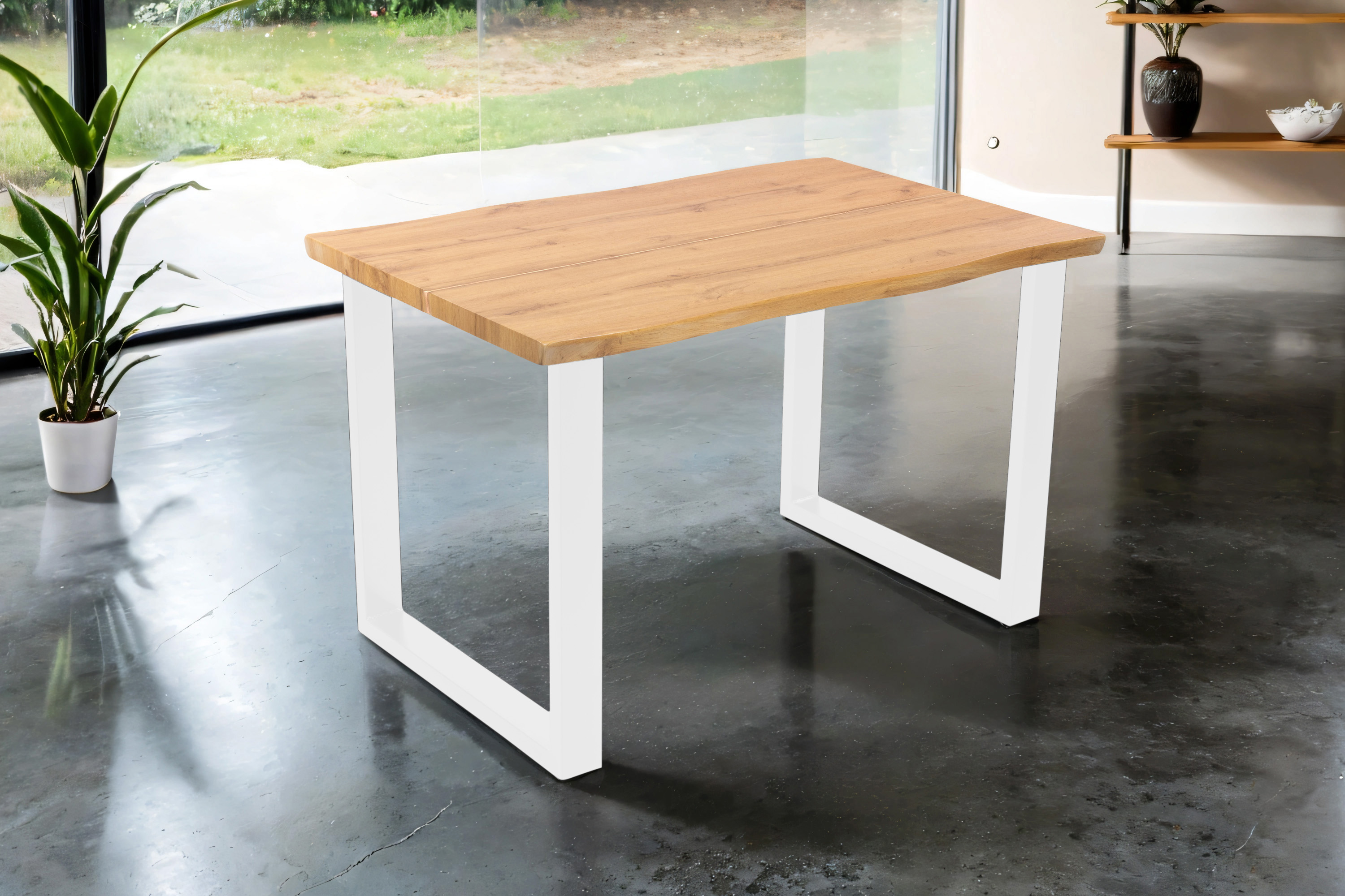 Esstisch Baumkante Holz-Optik Wildeiche 140 x 80 U-Gestell weiß DUA