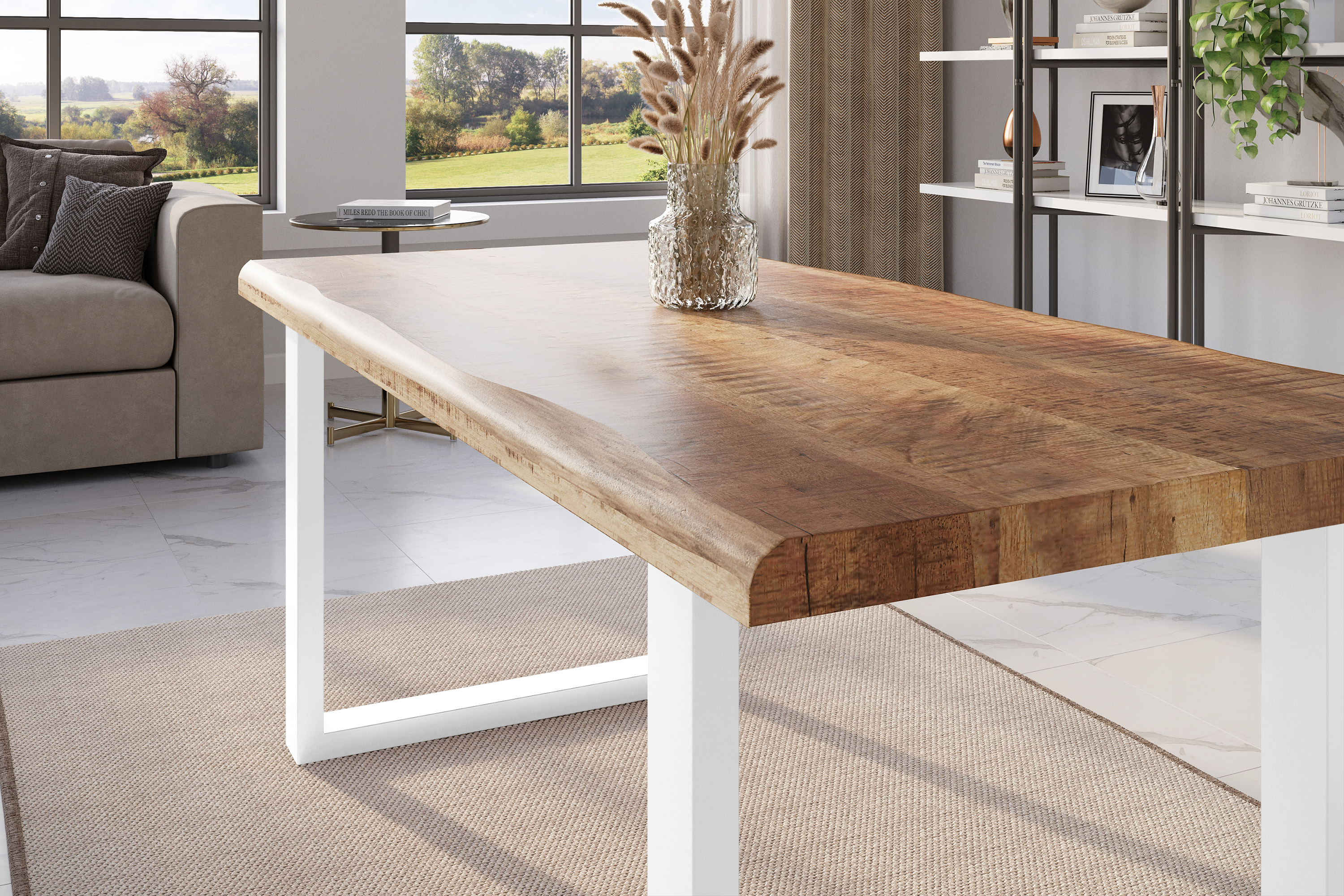 Esstisch Baumkante massiv Mango rough 180 x 90 U-Gestell weiß ATLAS