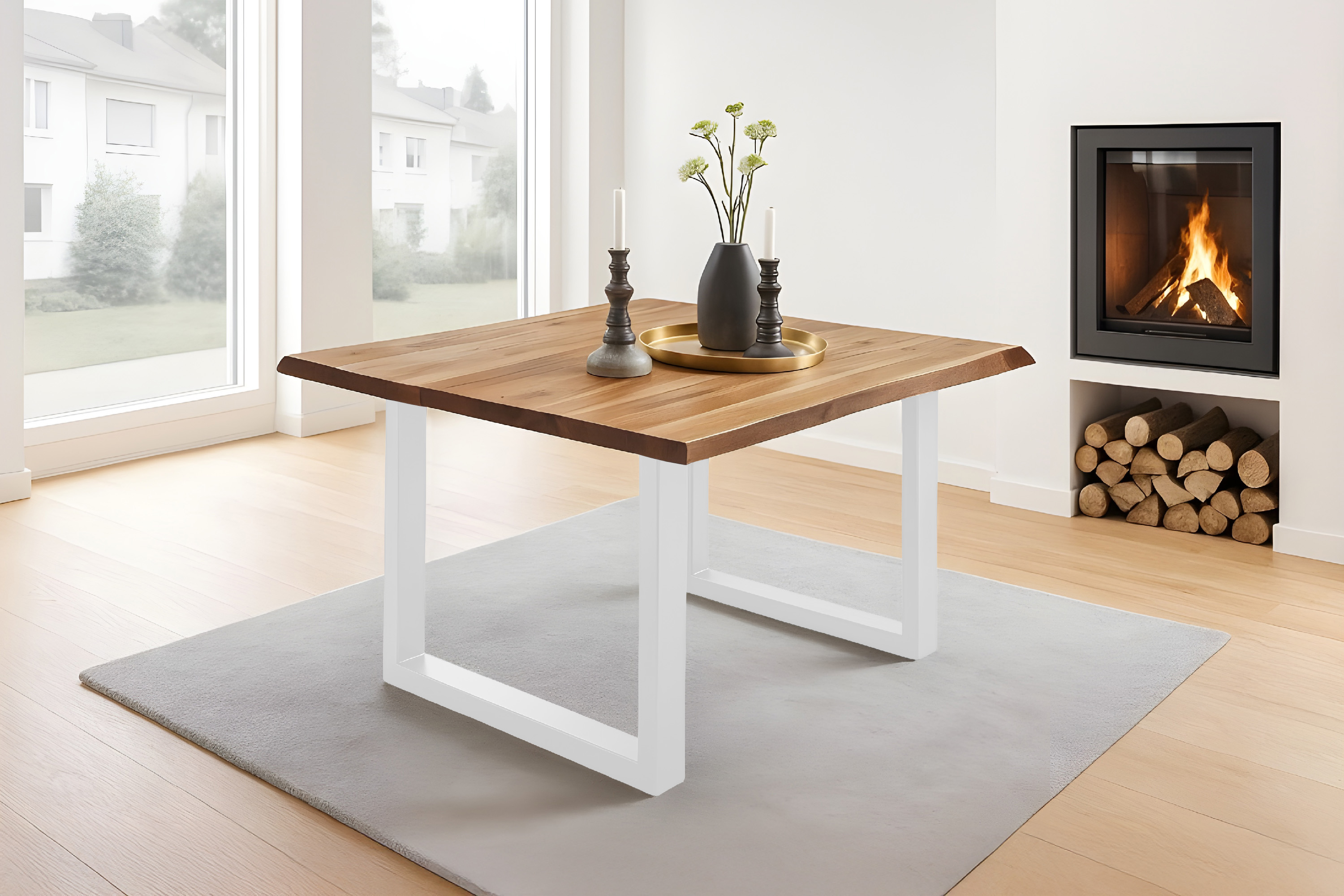 Esstisch Baumkante massiv Akazie natur 90 x 90 weiß NIAH