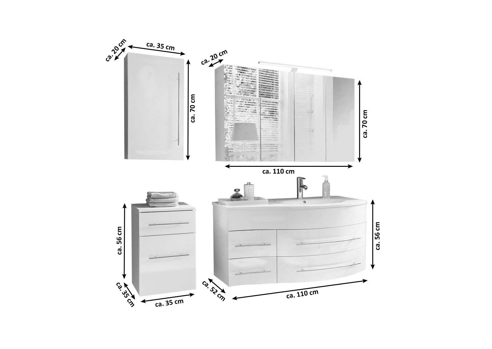  Badmöbel Set 4tlg Becken 110 cm weiß Hochglanz Dublin rechts