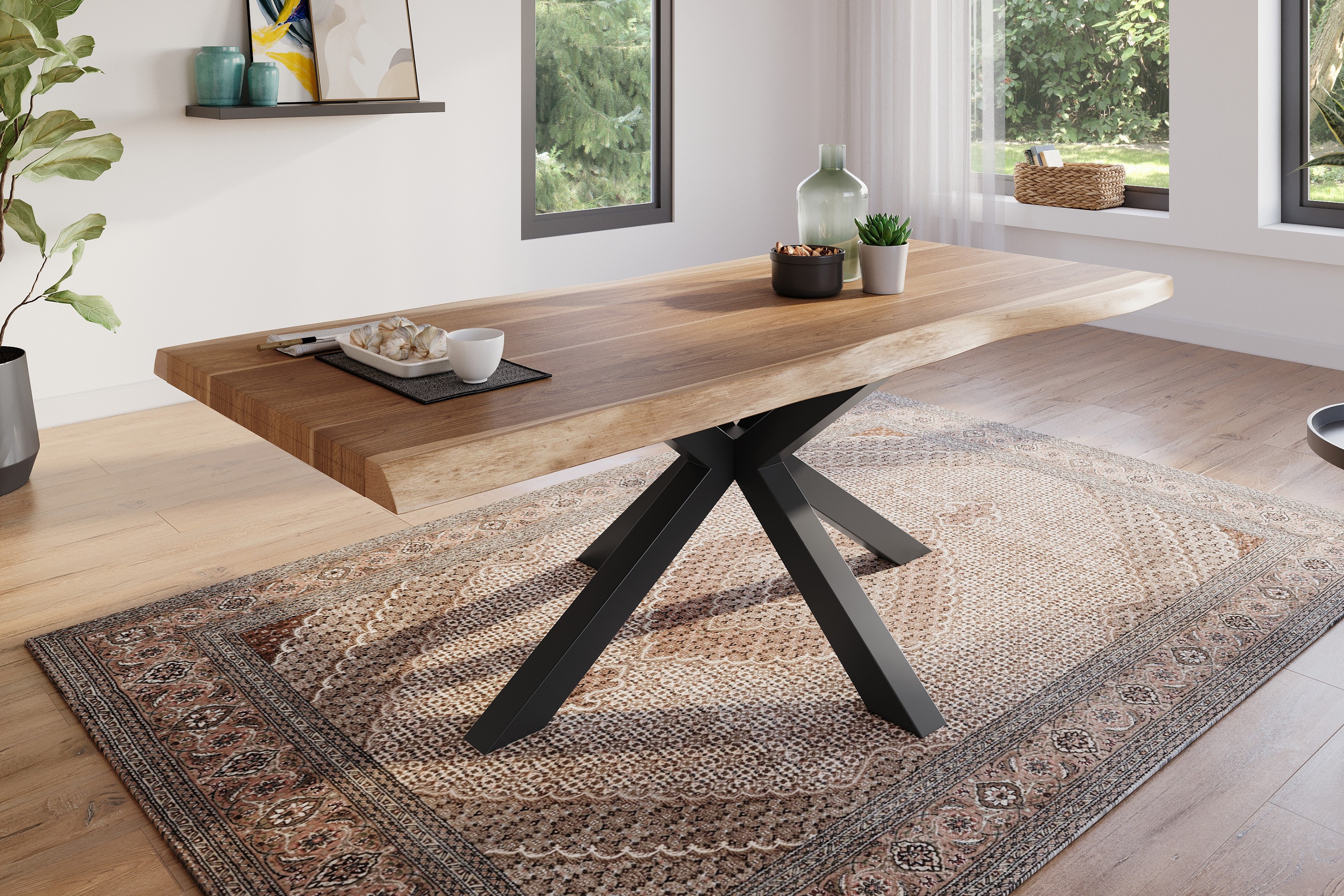 Esstisch Baumkante massiv Akazie natur 220 x 100 Spider-Gestell schwarz ATLAS
