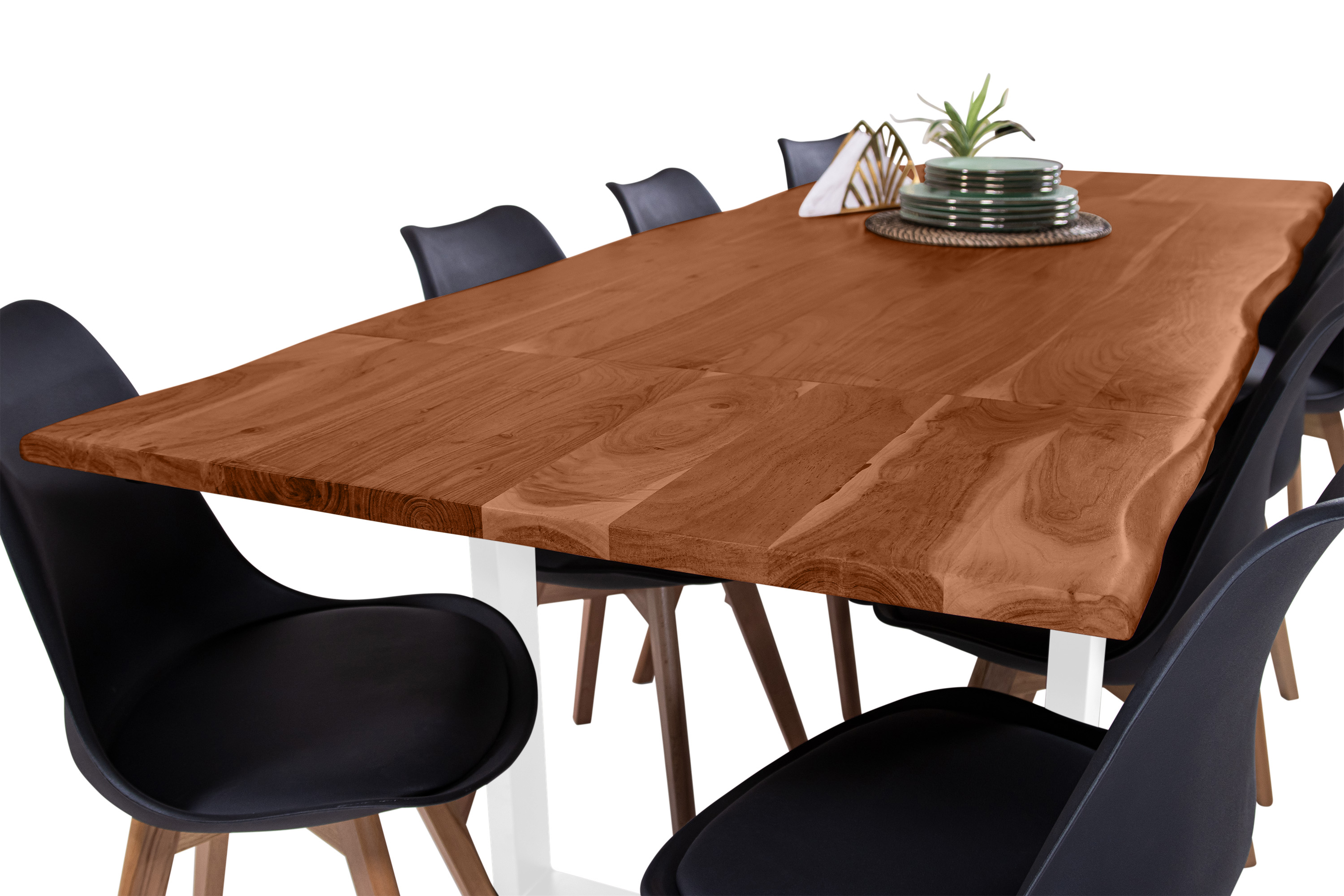 Esstisch Baumkante Akazie nuss 140(220)x90 Ansteckplatten U-Gestell weiß AVINO