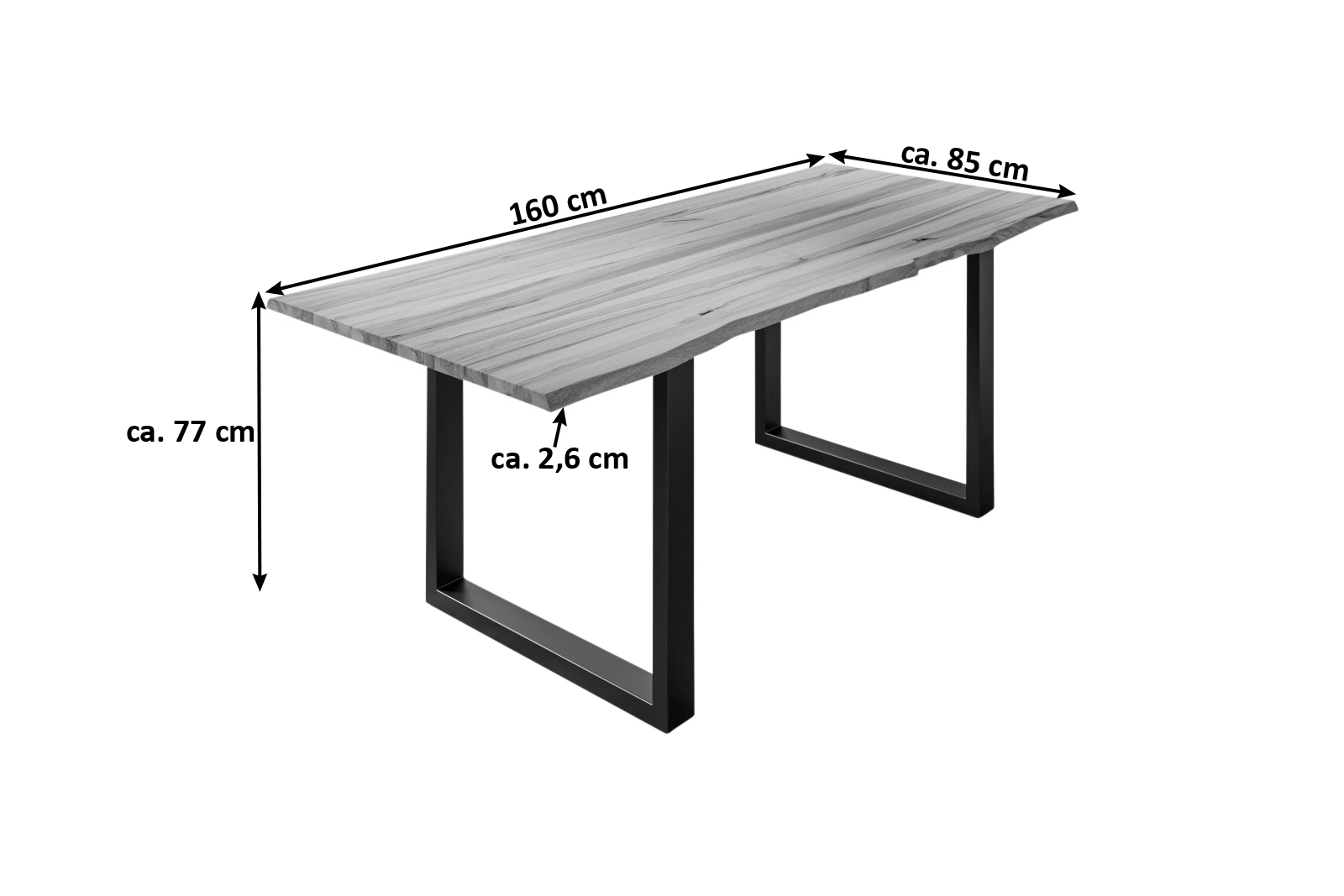 Esstisch Baumkante Massiv Wildbuche 160 x 85 mattschwarz U-Gestell GREGOR