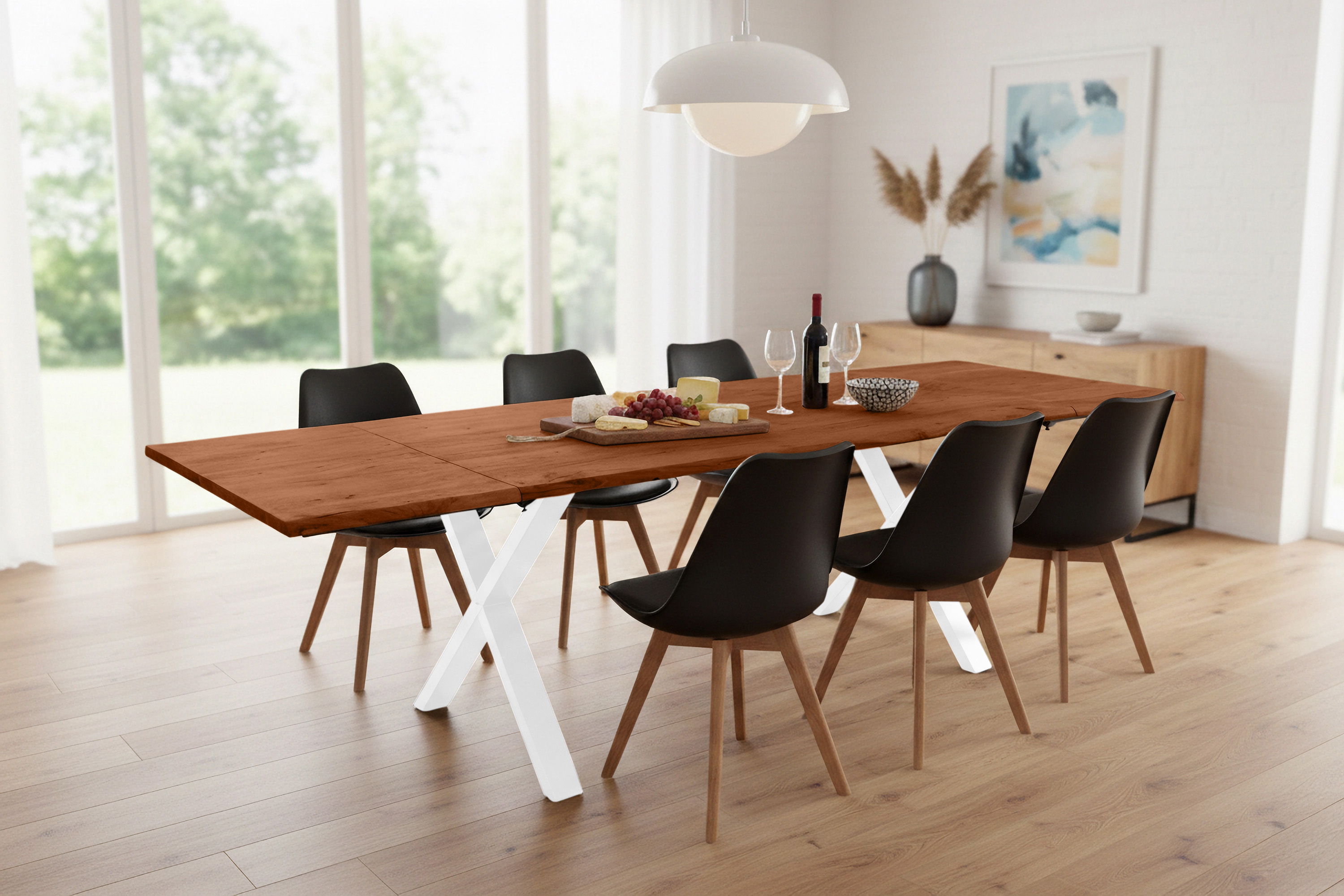 Esstisch Baumkante Akazie nuss 160(260)x90 Ansteckplatten X-Gestell weiß AVINO