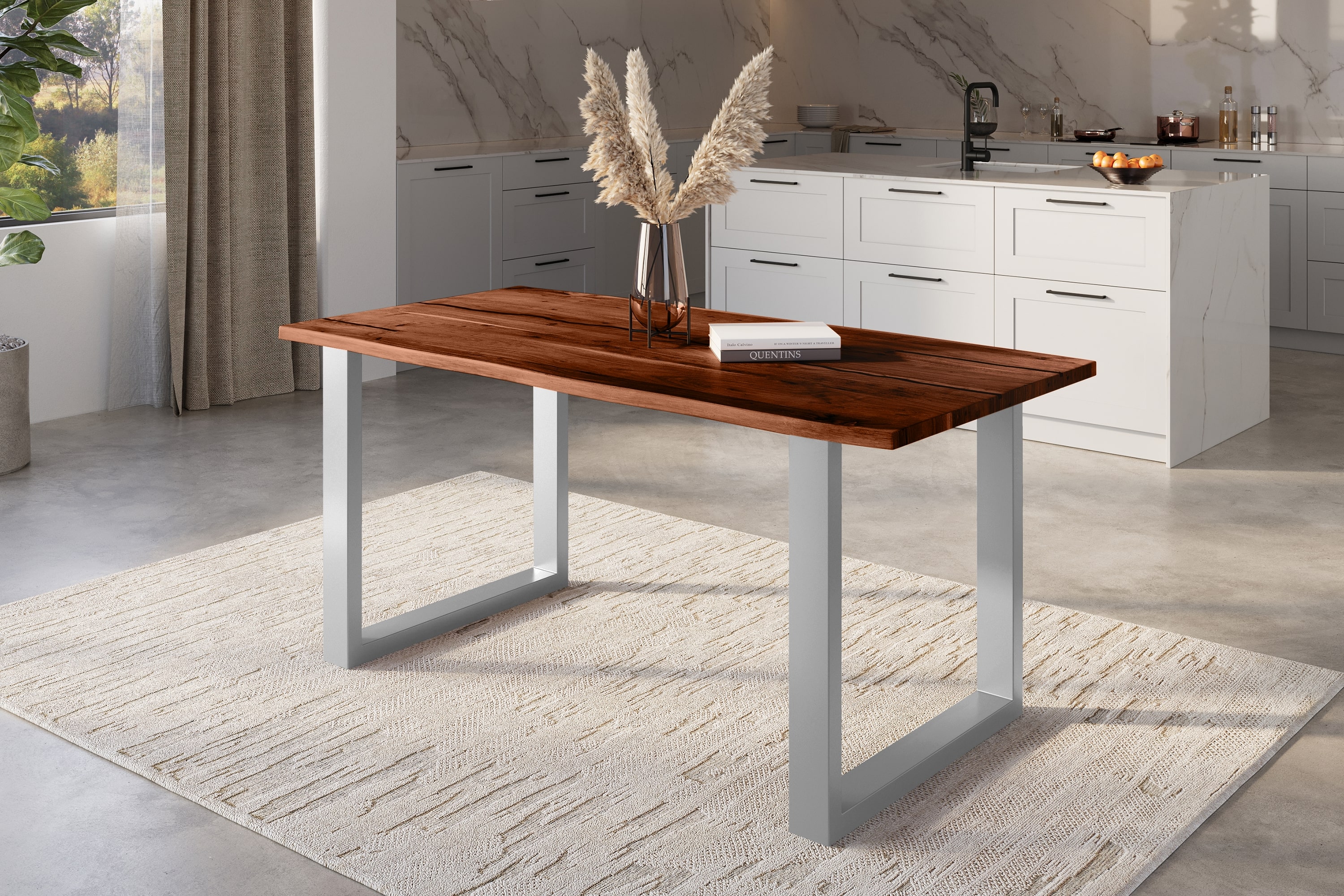 Baumkantentisch Akazie mit schwarzen Resin-Adern nussbaumfarben 140 x 80 cm U-Gestell silber POLLY