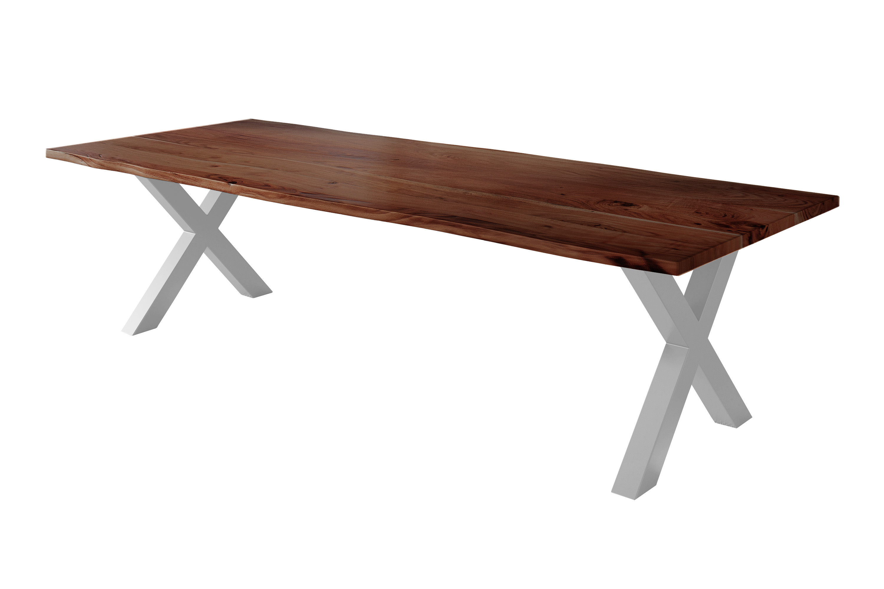 Esstisch Baumkante massiv Akazie nussbaum 280 x 100 silber X-Gestell NICK