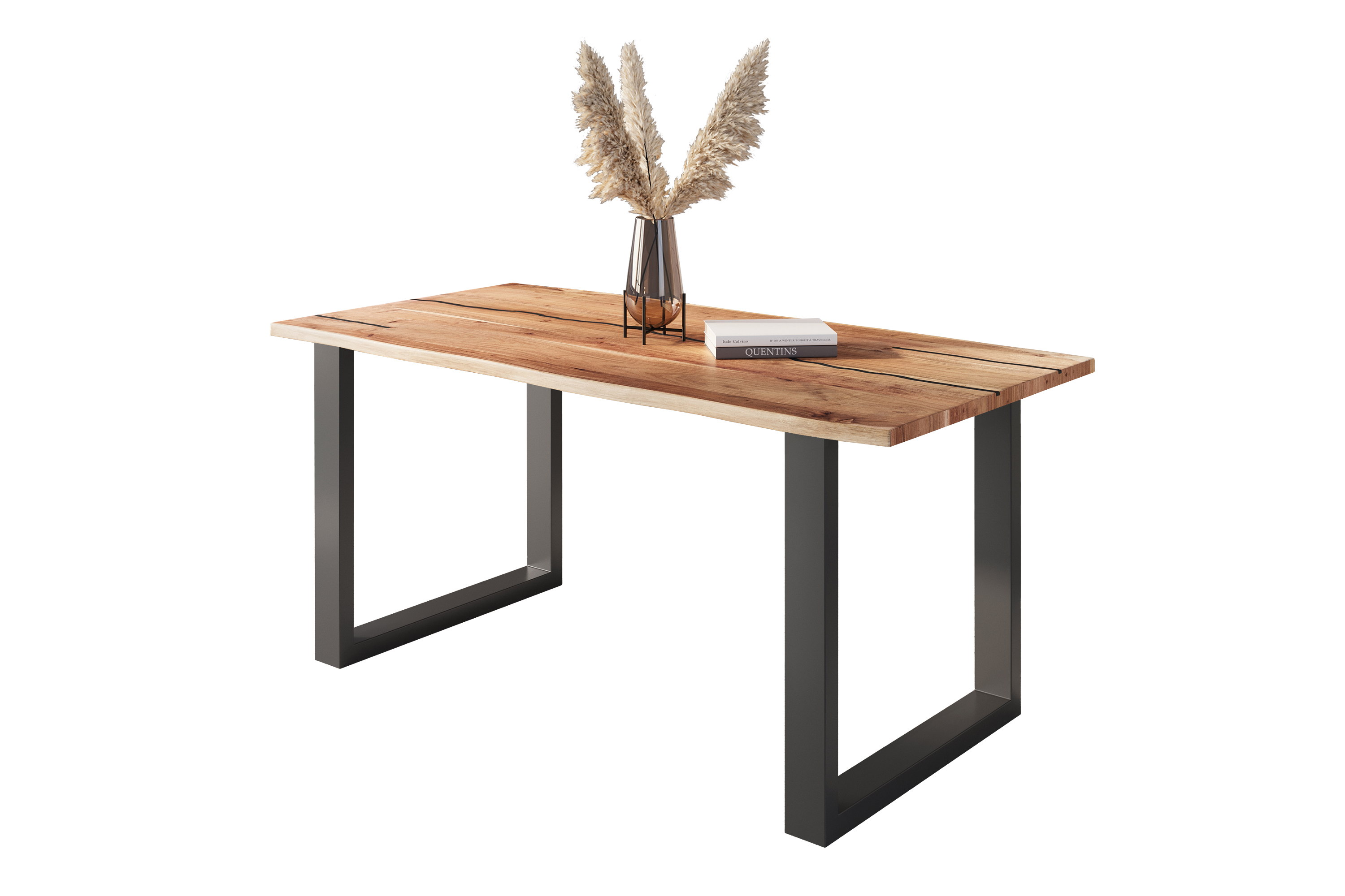 Baumkantentisch Akazie mit schwarzen Resin-Adern naturfarben 160 x 85 cm U-Gestell schwarz POLLY