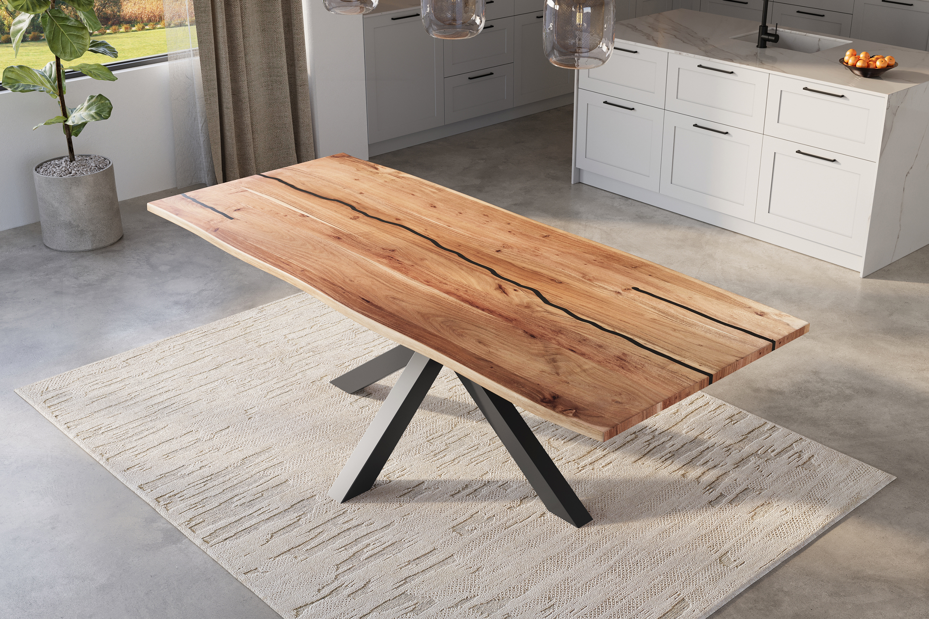 Baumkantentisch Akazie mit schwarzen Resin-Adern naturfarben 280 x 100 cm Spider-Gestell schwarz POLLY