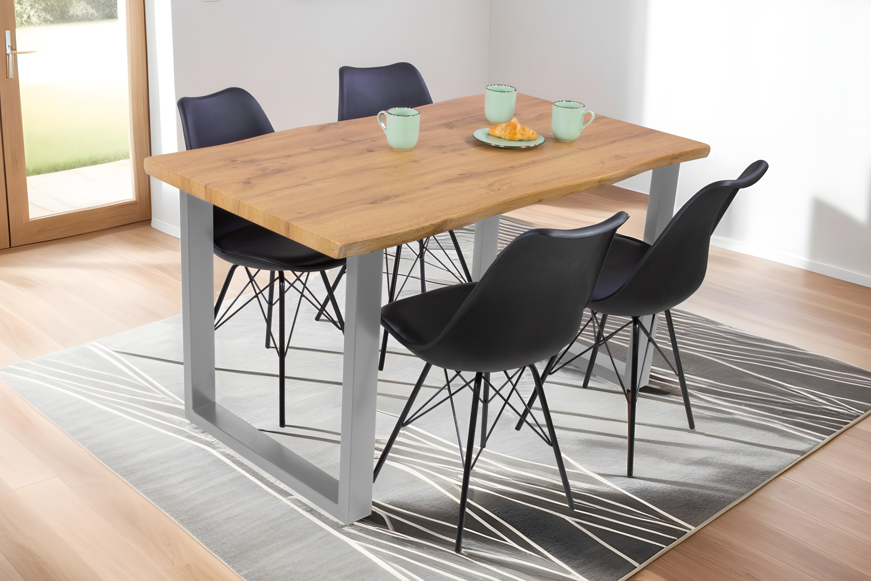 Esstisch Baumkante Holz-Optik Wildeiche 120 x 80 U-Gestell silber JOSY Esstisch Baumkante Holz-Optik Wildeiche 120 x 80 U-Gestell silber JOSY