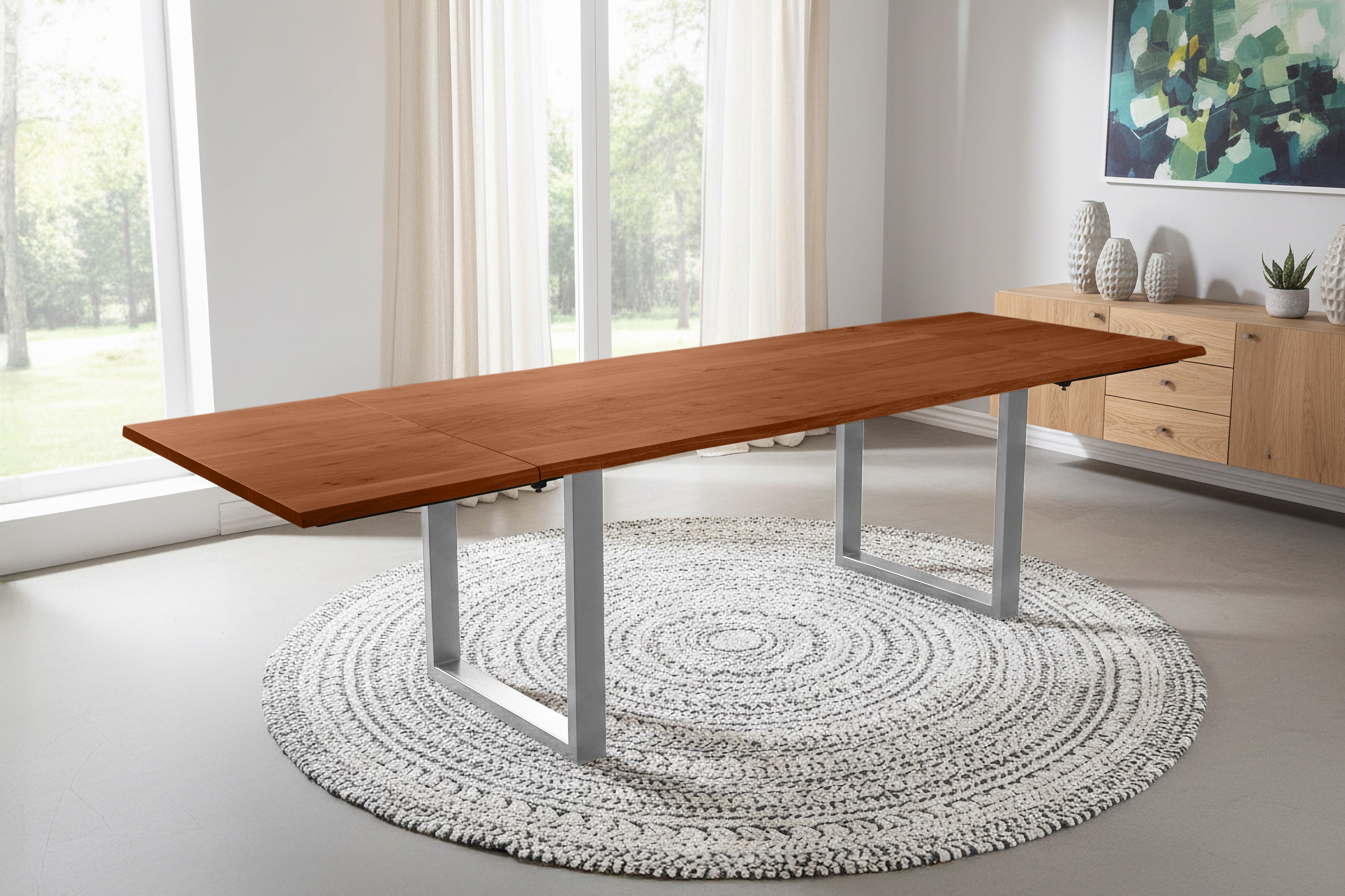 Esstisch Baumkante Akazie nuss 160(260)x90 Ansteckplatten U-Gestell silber AVINO