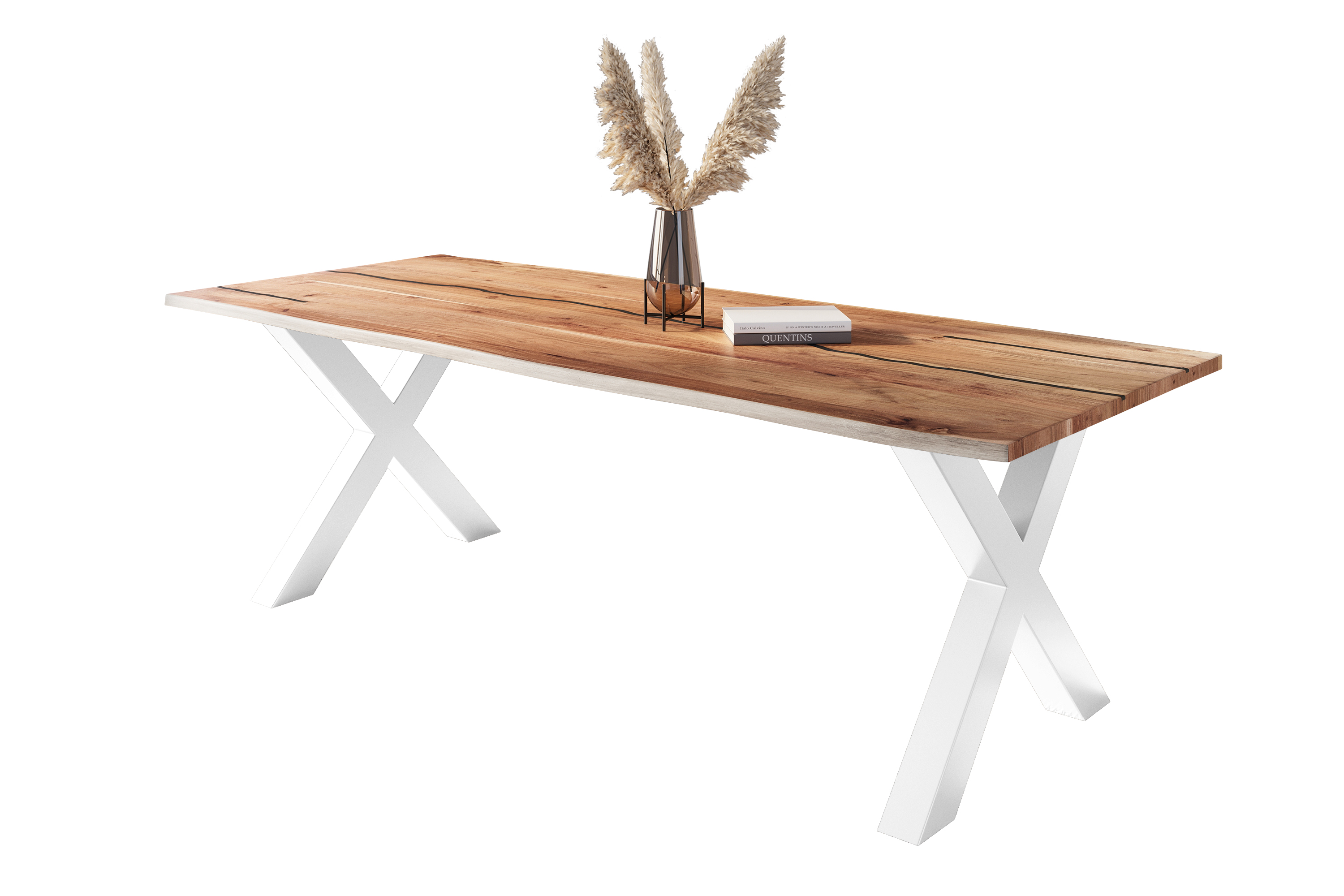 Baumkantentisch Akazie mit schwarzen Resin-Adern naturfarben 280 x 100 cm X-Gestell weiß POLLY