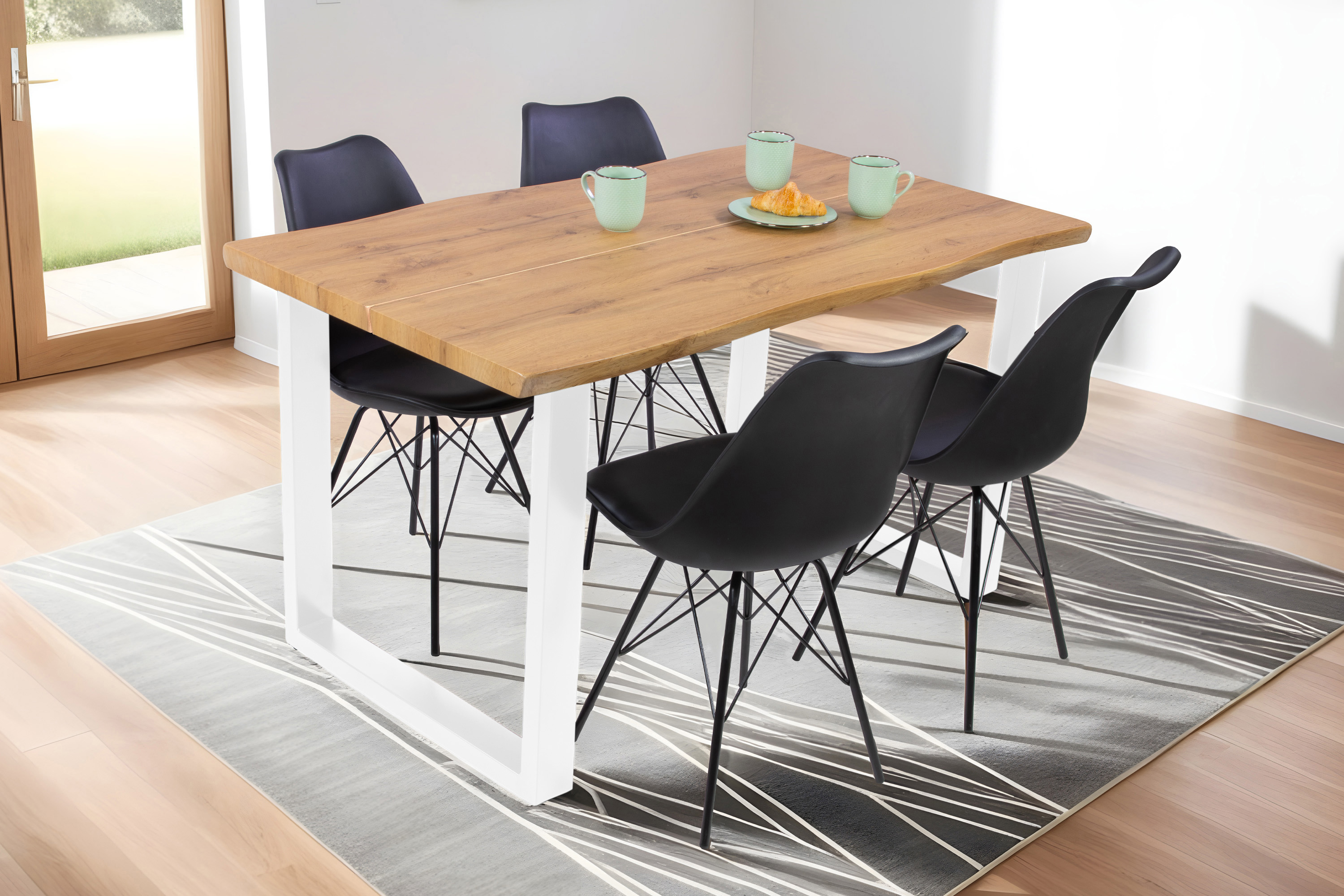 Esstisch Baumkante Holz-Optik Wildeiche 140 x 80 U-Gestell weiß DUA