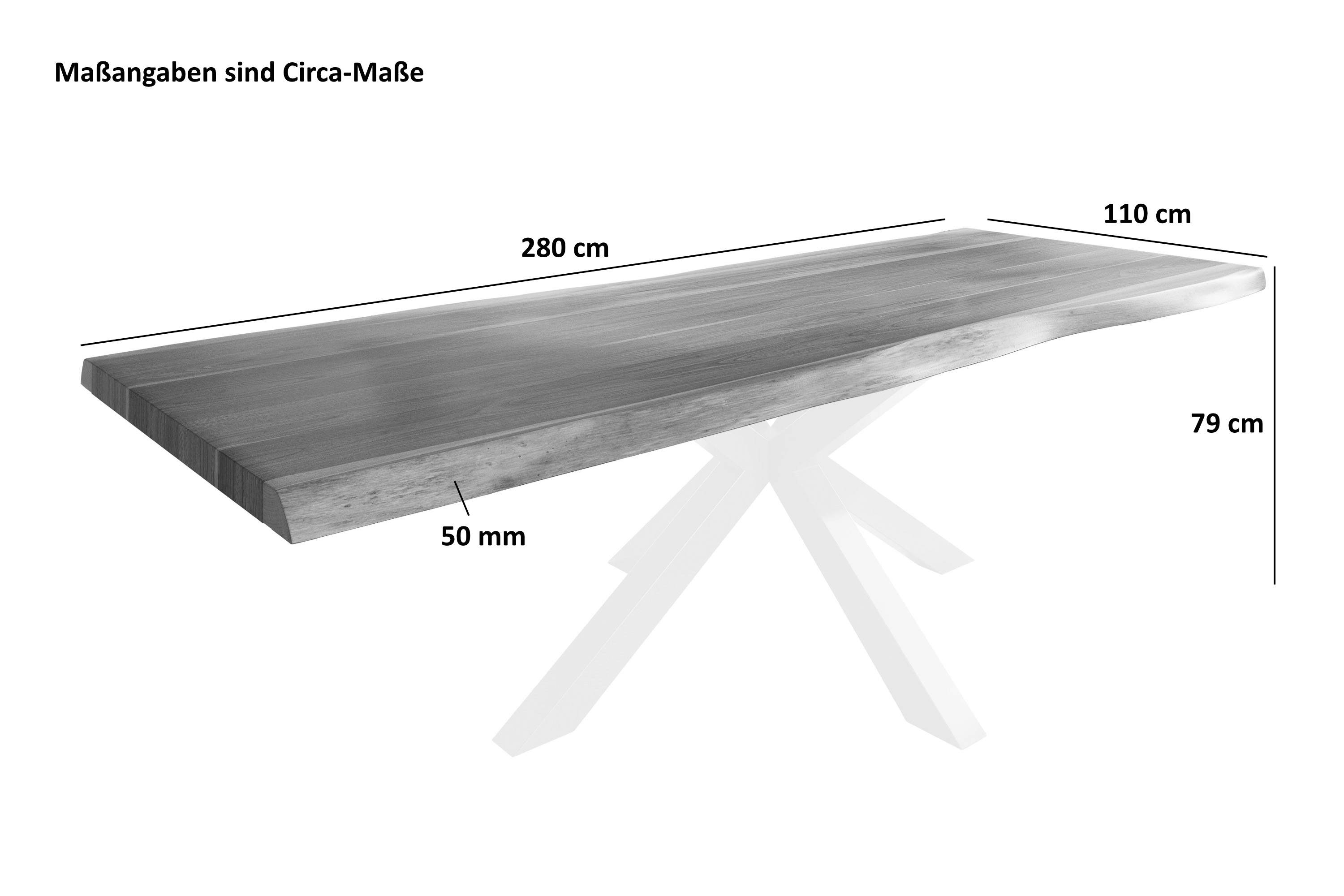 Esstisch Baumkante massiv Akazie natur 280 x 110 Spider-Gestell Metall weiß TITAN
