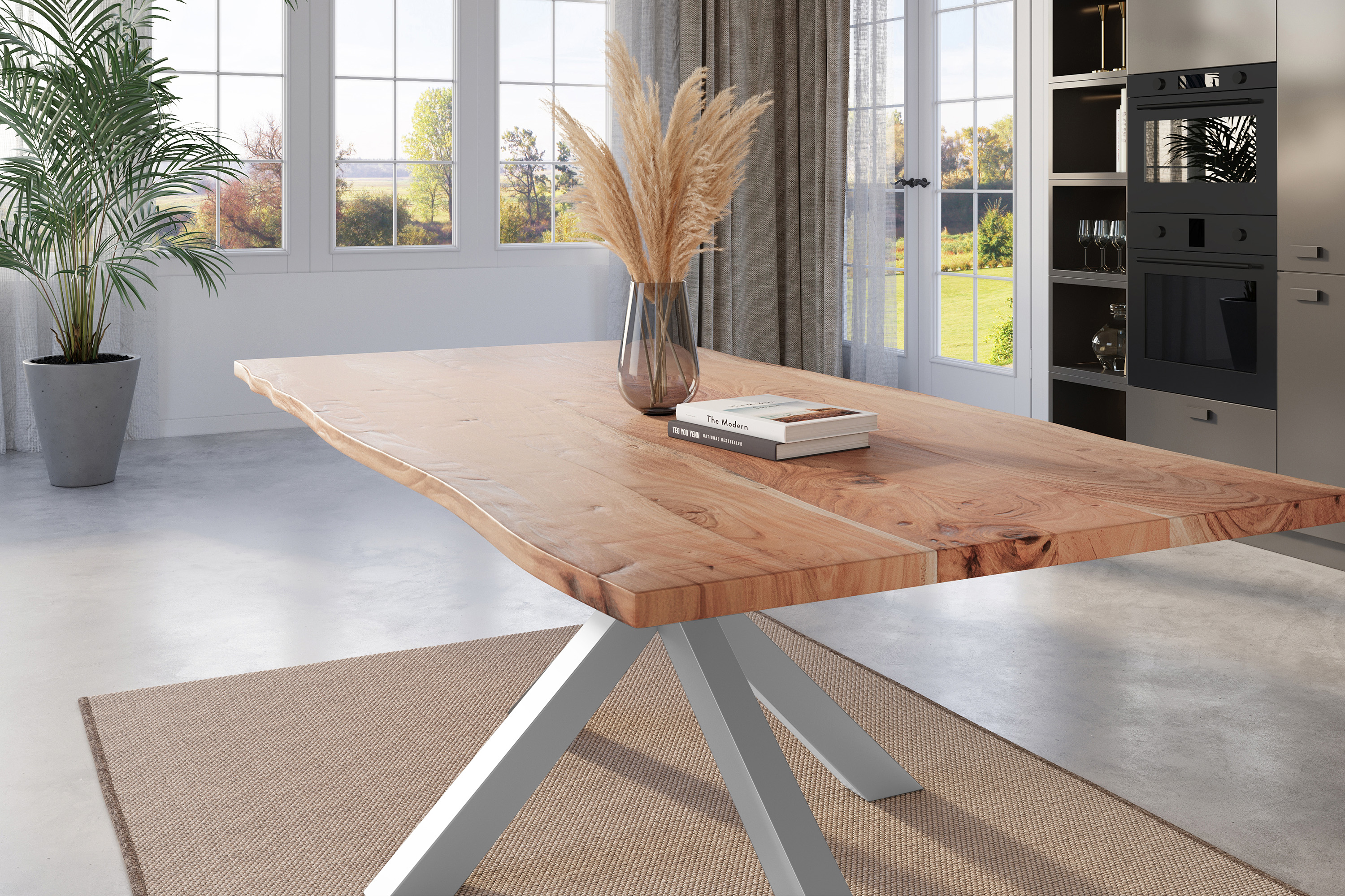 Esstisch Baumkante massiv Akazie natur 180 x 90 cm Spider-Gestell silber Kalea