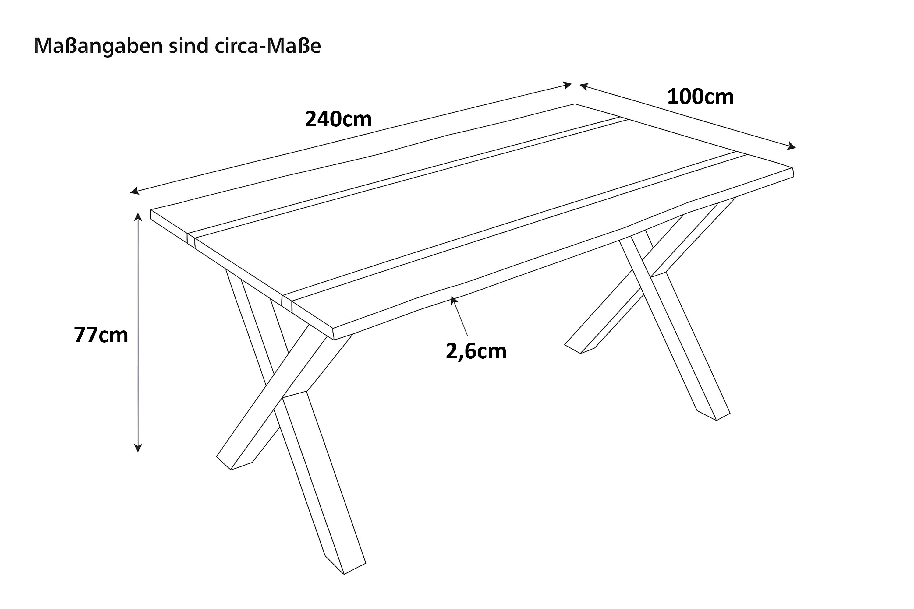 Esstisch 240 x 100 cm Akazie massiv natur mit schwarzen Resin-Adern X-Gestell schwarz PETER