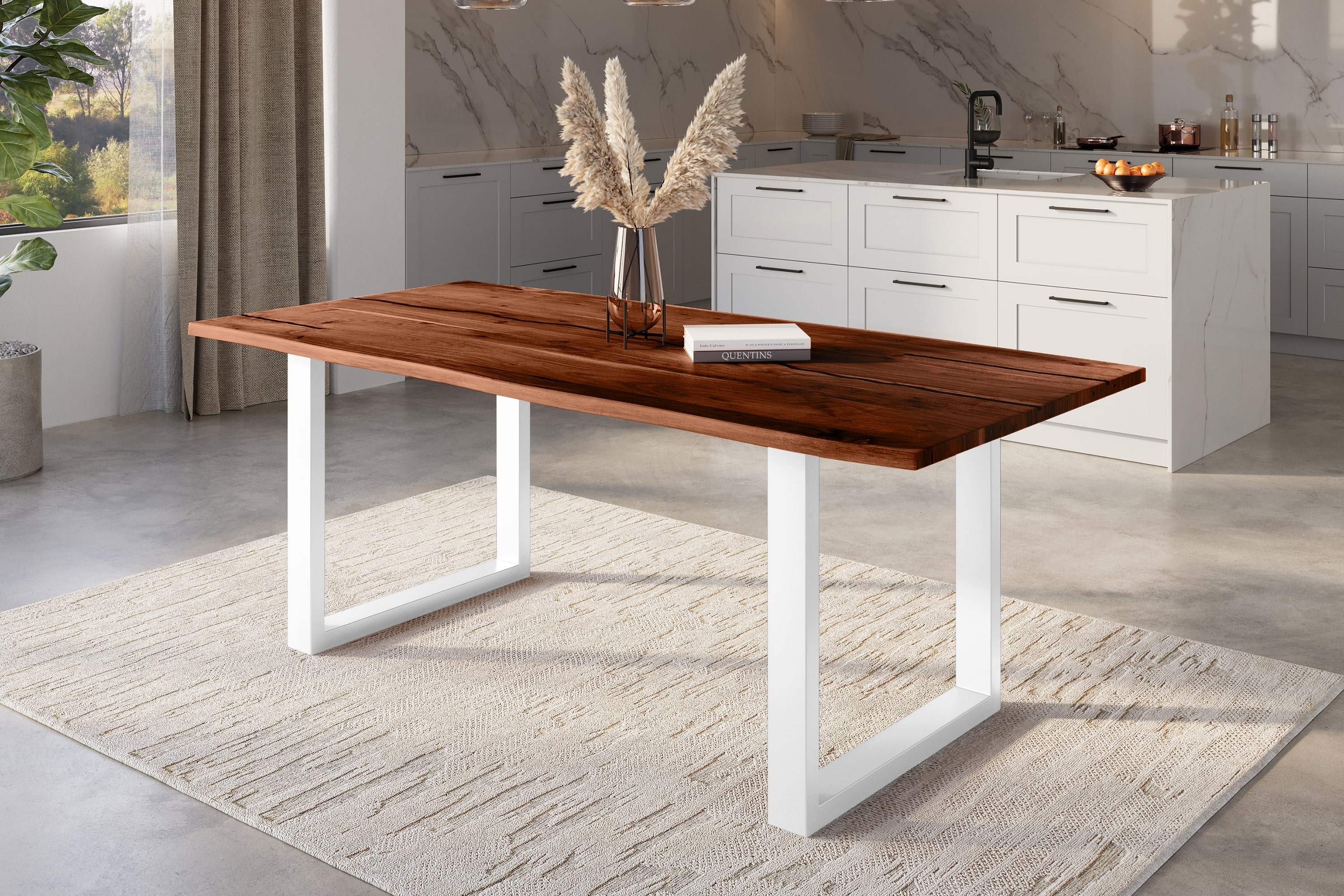 Baumkantentisch Akazie mit schwarzen Resin-Adern nussbaumfarben 240 x 100 cm U-Gestell weiß POLLY