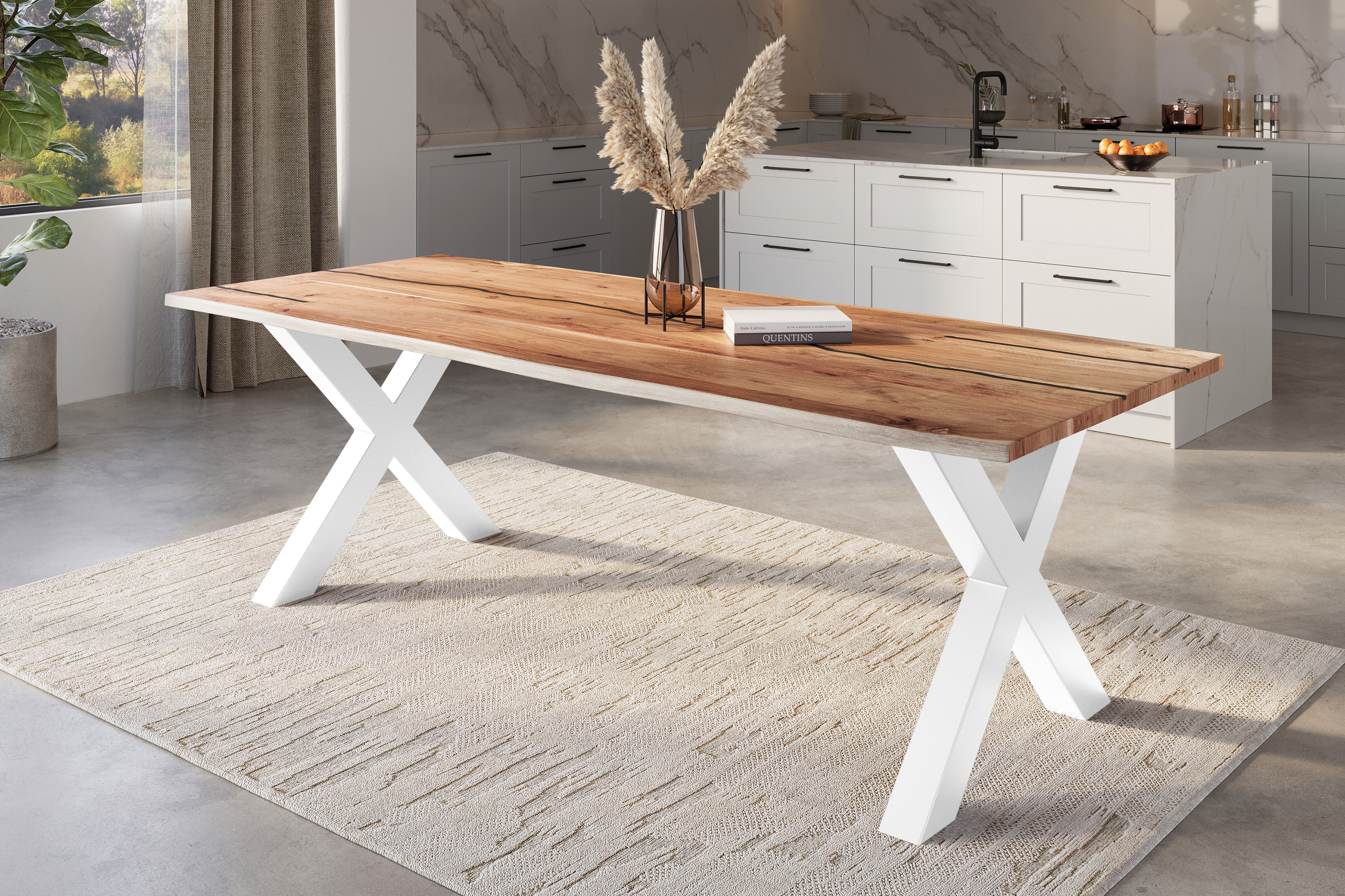 Baumkantentisch Akazie mit schwarzen Resin-Adern naturfarben 260 x 100 cm X-Gestell weiß POLLY