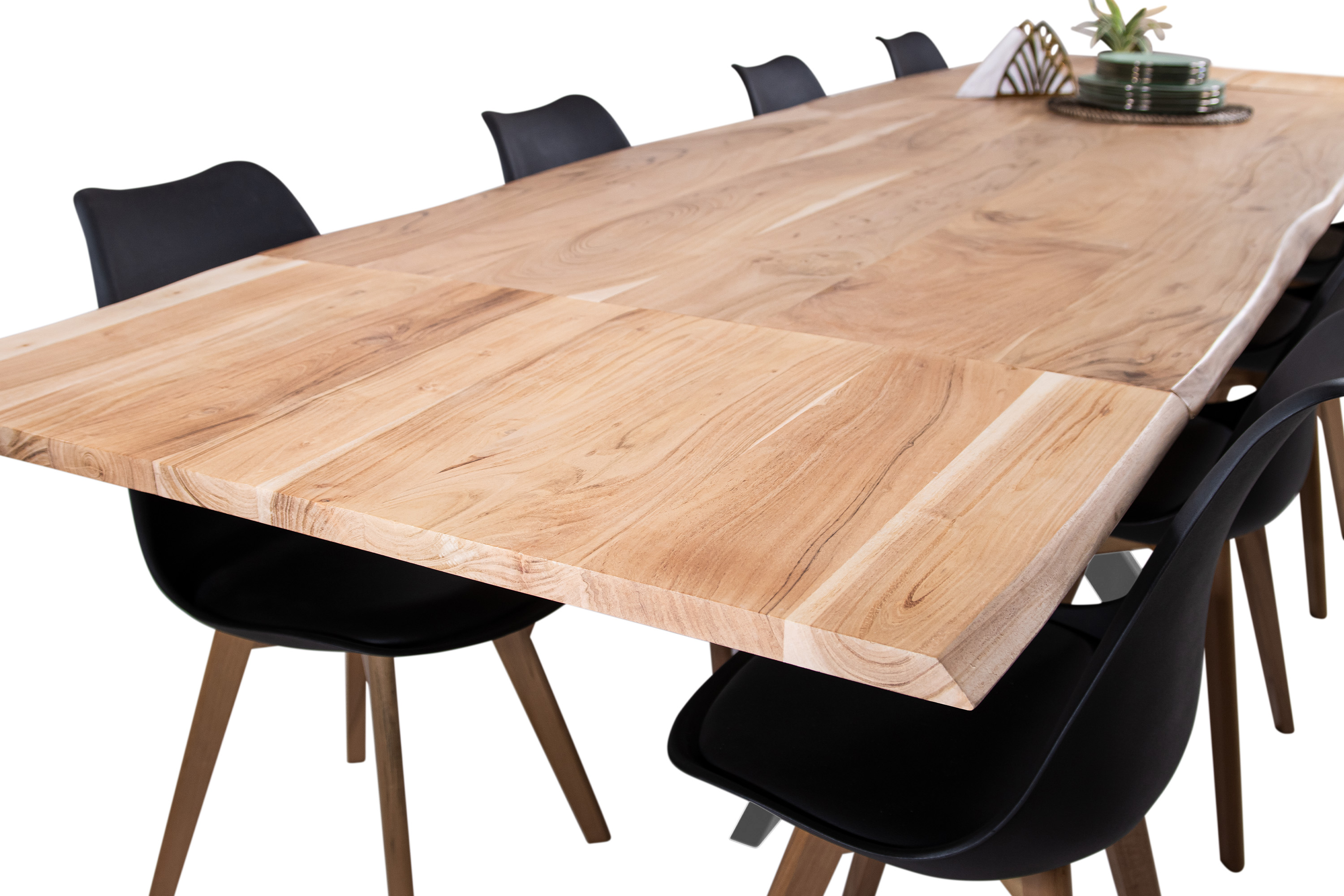 Esstisch Baumkante Akazie natur 220(320)x100 Ansteckplatten Spider-Gestell silber AVINO