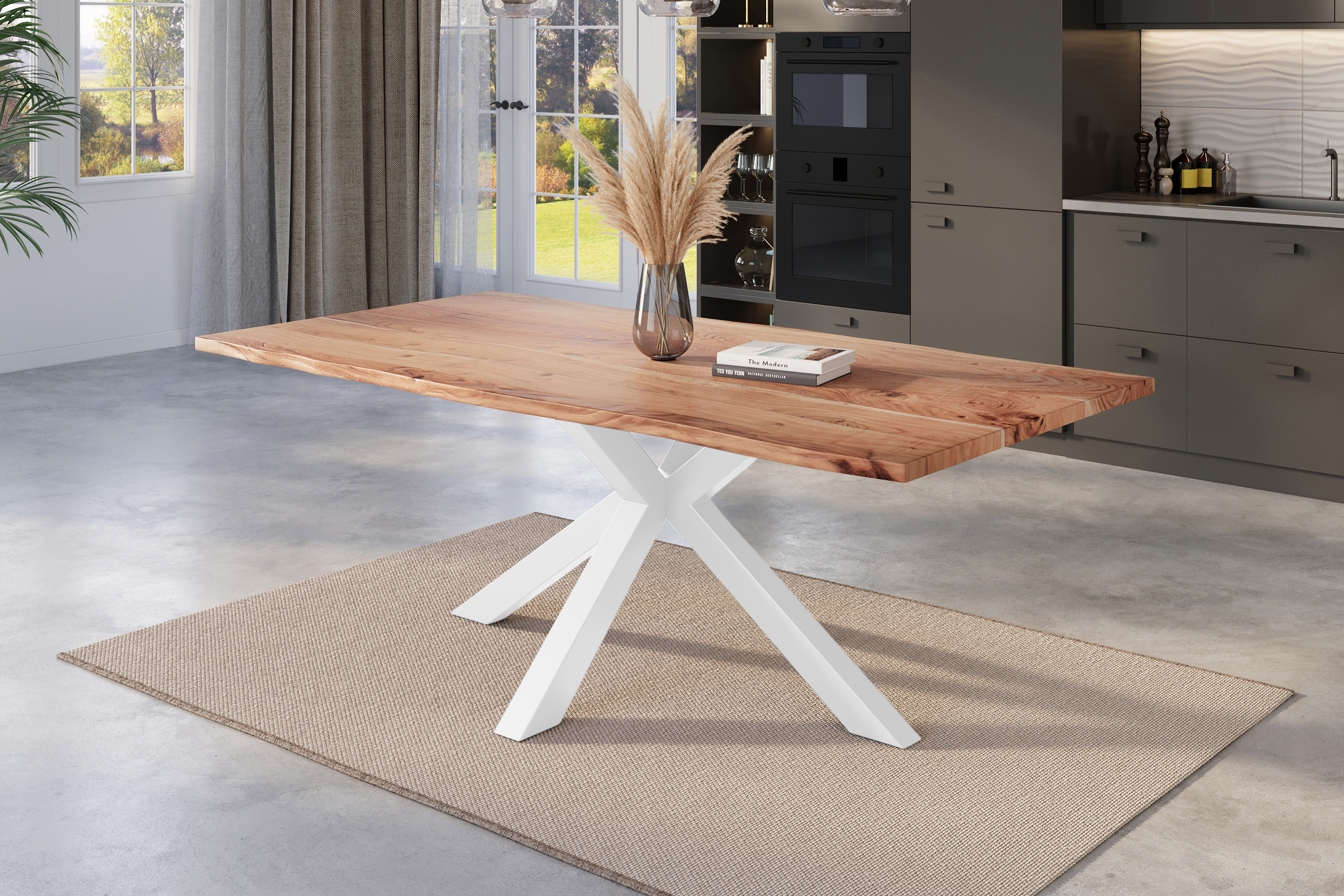 Esstisch Baumkante massiv Akazie natur 180 x 90 cm Spider-Gestell weiß Kalea