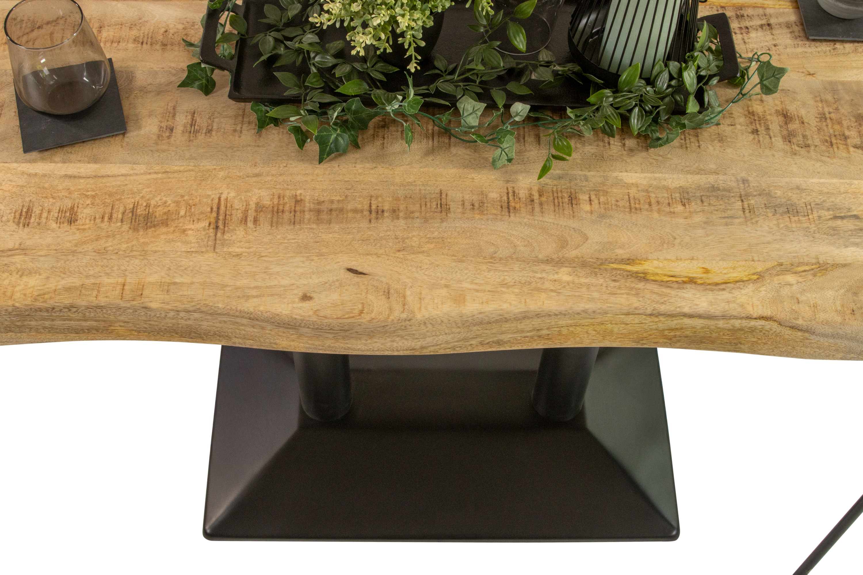 Bistrotisch Baumkante massiv 120 x 60 cm naturfarben Mango Doppelsäulengestell schwarz ISLA