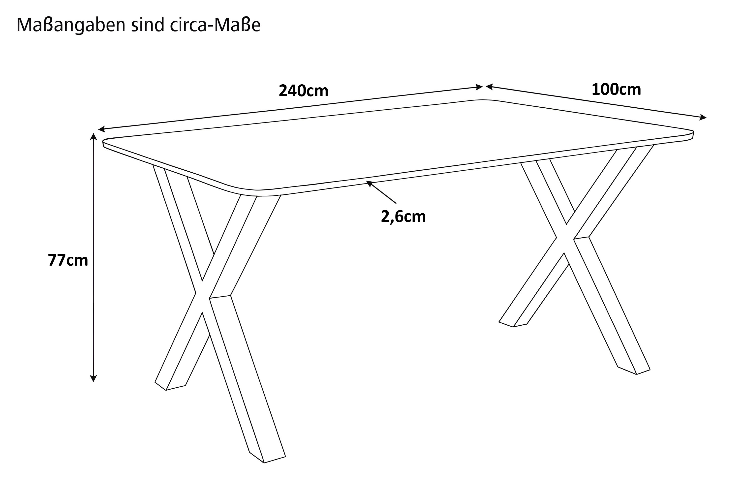 Esstisch 240 x 100 cm Akazie massiv kastanienfarben Schweizer Kante X-Gestell schwarz ROBERTO