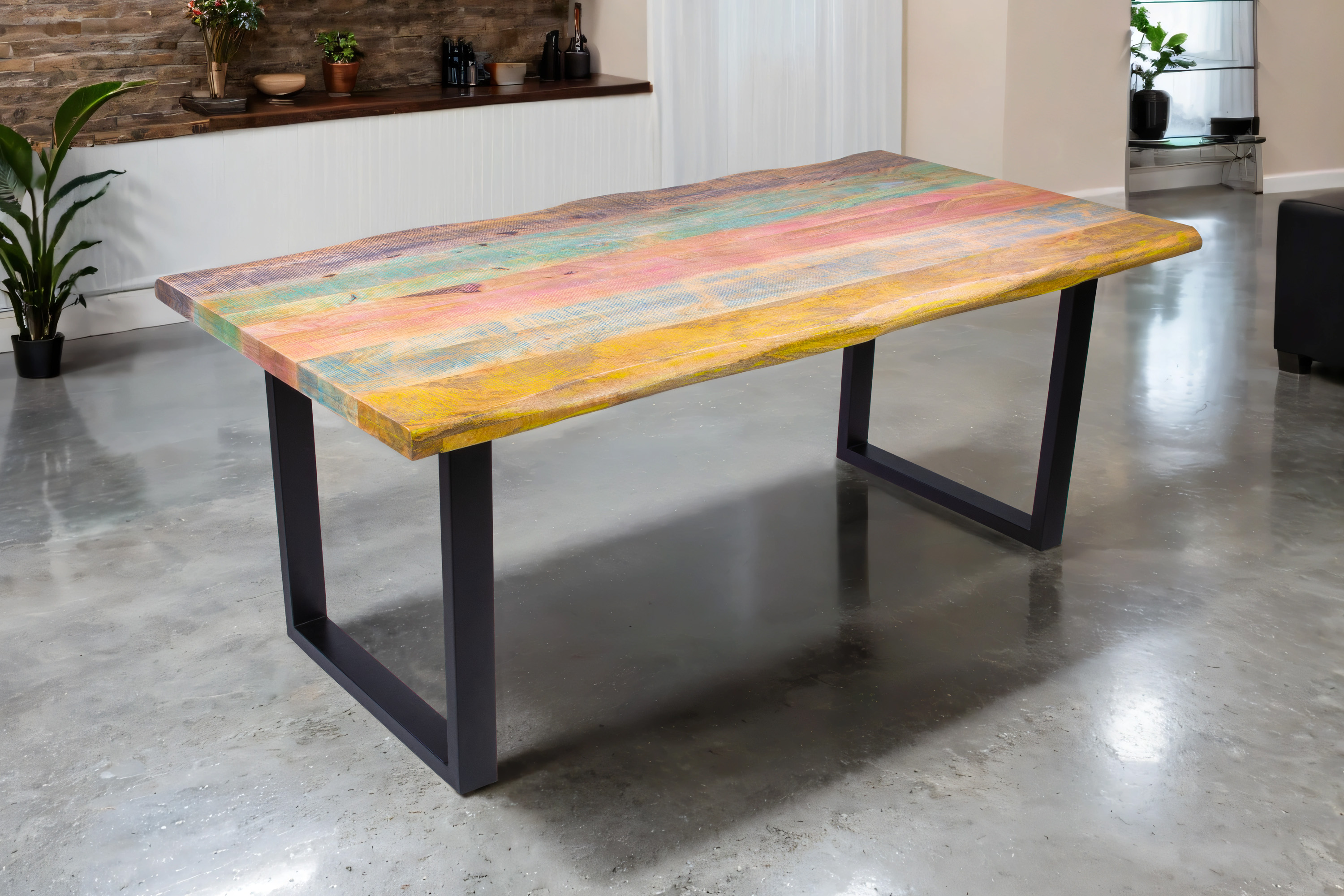 Esstisch Baumkante 160 x 85 cm Mango massiv Bunt U-Gestell Schwarz LIBRO