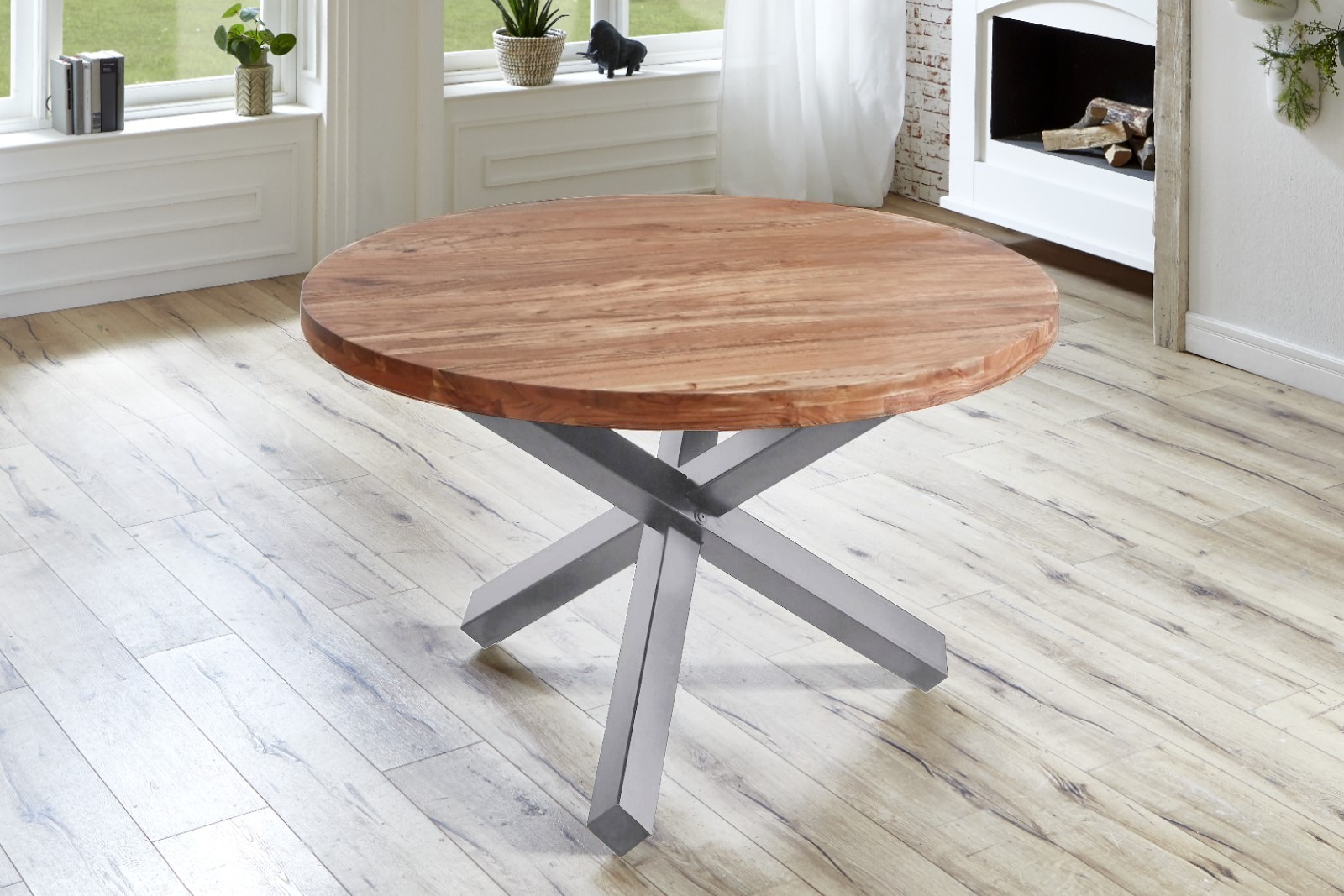  Esszimmertisch rund 120 cm Akazienholz Natur Silber RUNA