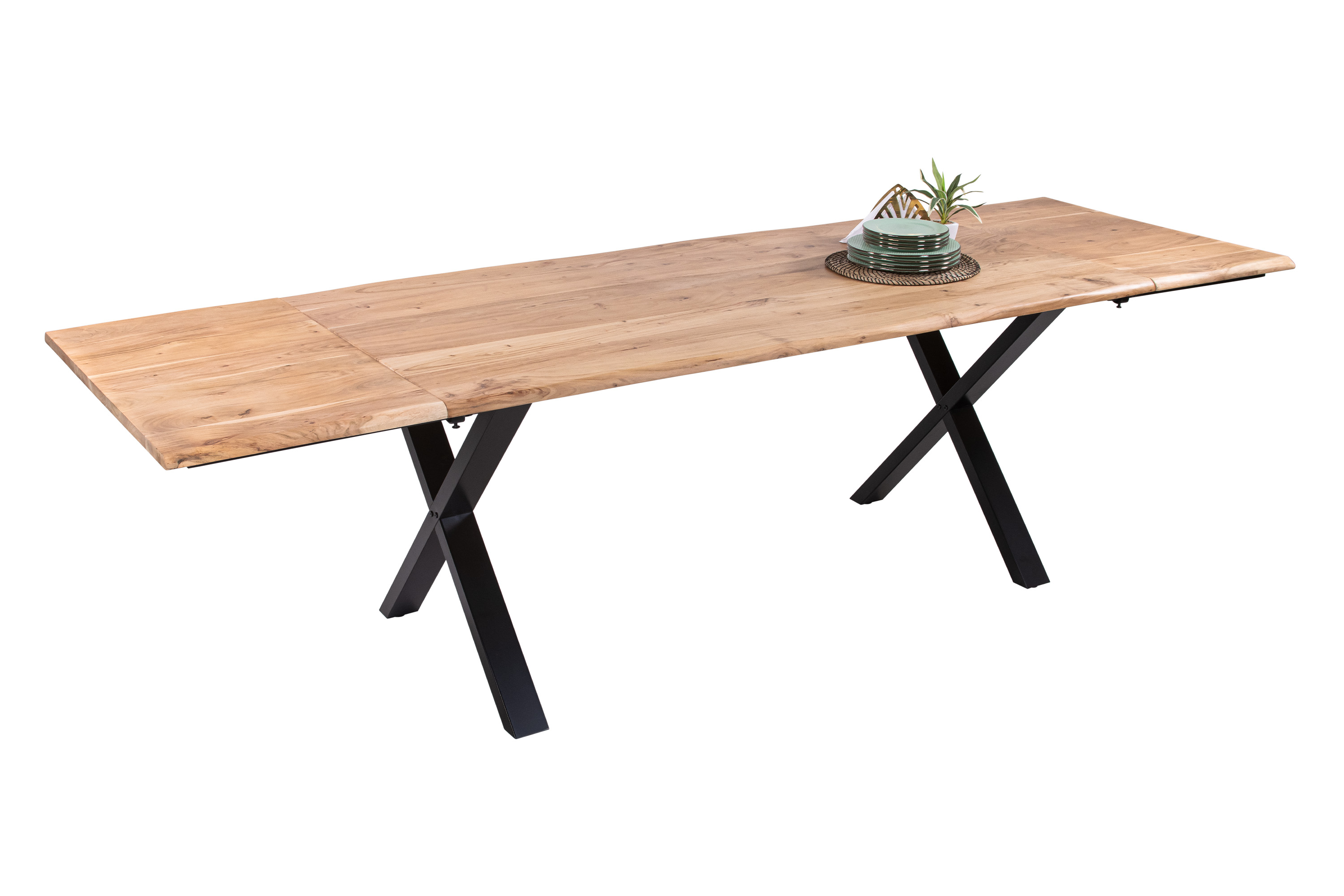 Esstisch Baumkante Akazie natur 180(280)x90 Ansteckplatten X-Gestell schwarz AVINO
