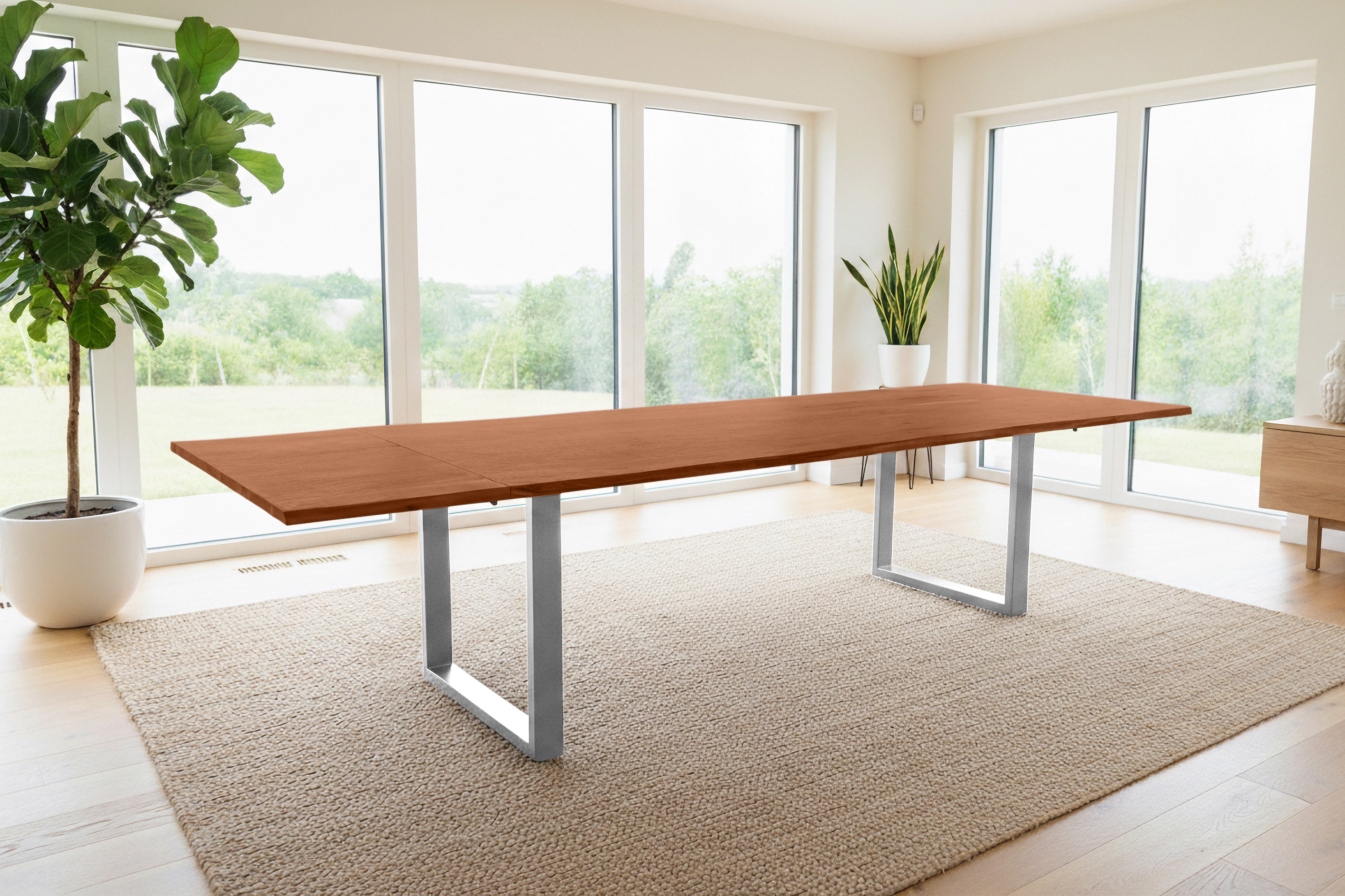 Esstisch Baumkante Akazie nuss 220(320)x100 Ansteckplatten U-Gestell silber AVINO