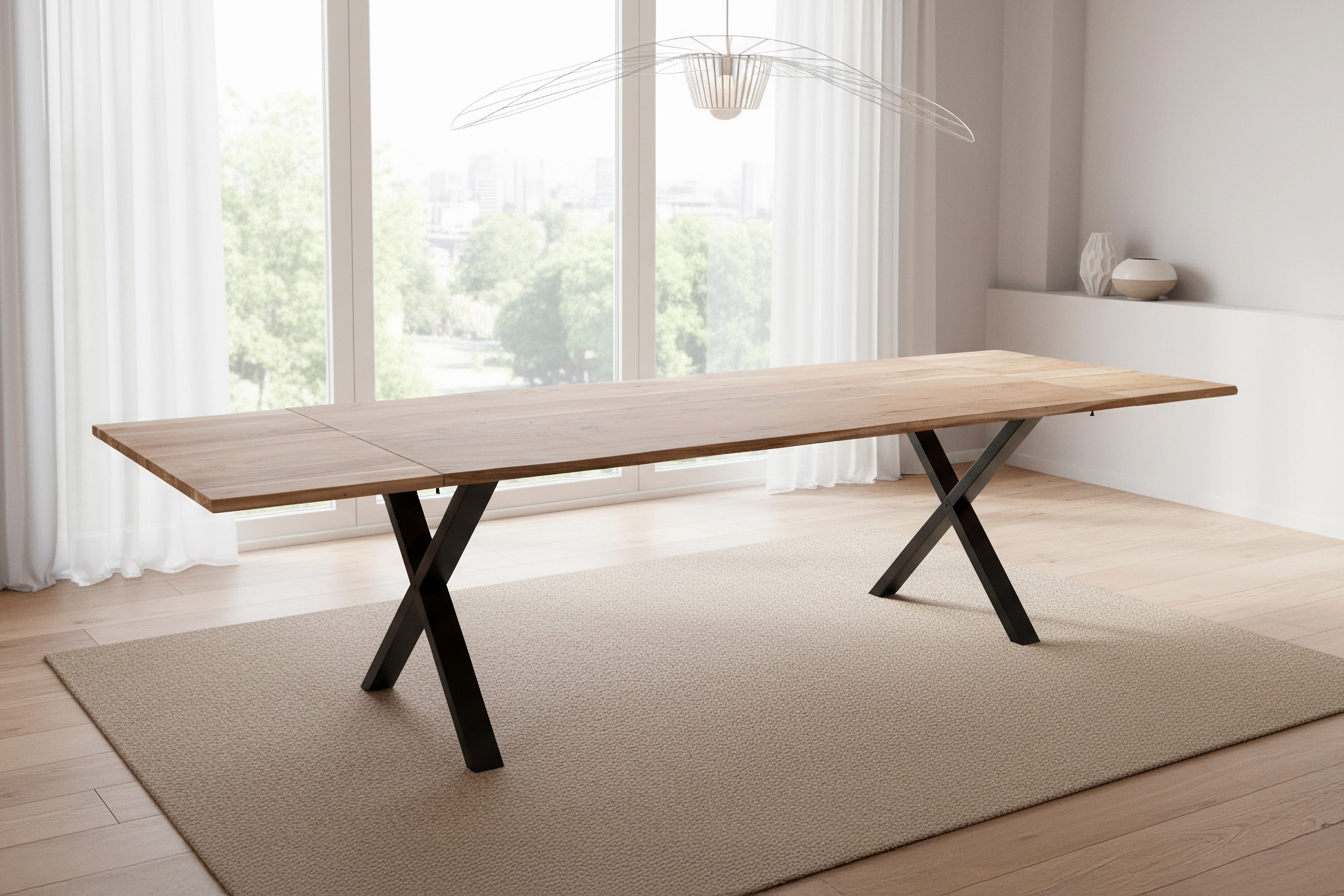 Esstisch Baumkante Akazie natur 220(320)x100 Ansteckplatten X-Gestell schwarz AVINO
