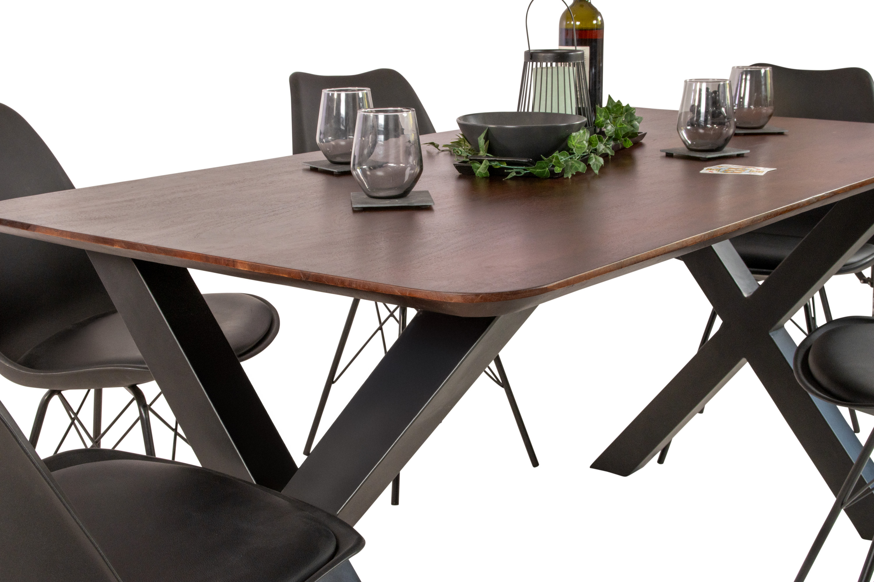 Esstisch 180 x 90 cm Akazie massiv kastanienfarben Schweizer Kante X-Gestell schwarz ROBERTO