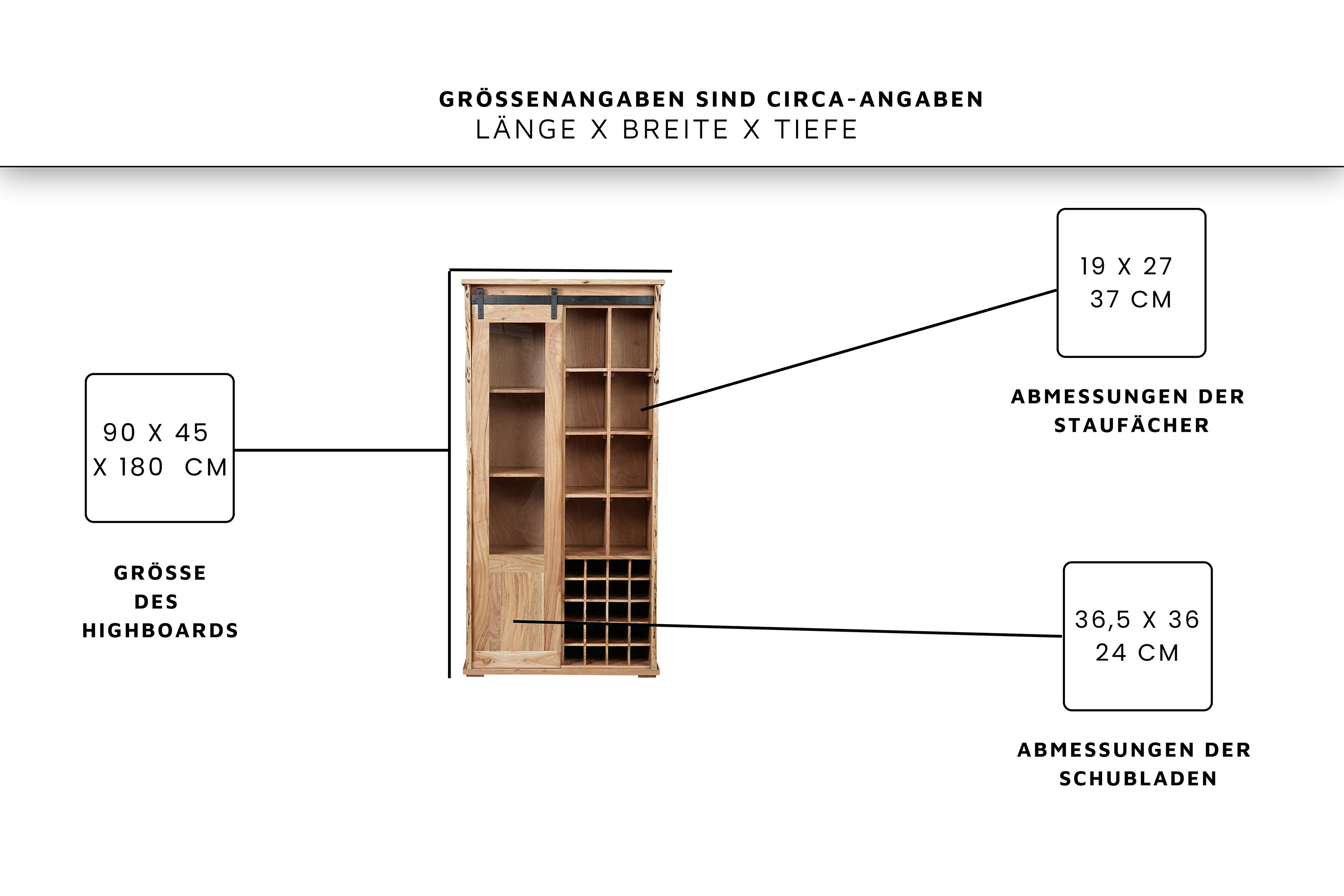 Wein-Highboard Baumkante 90 x 45 x 180 cm Akazienholz massiv naturfarben LIAN I