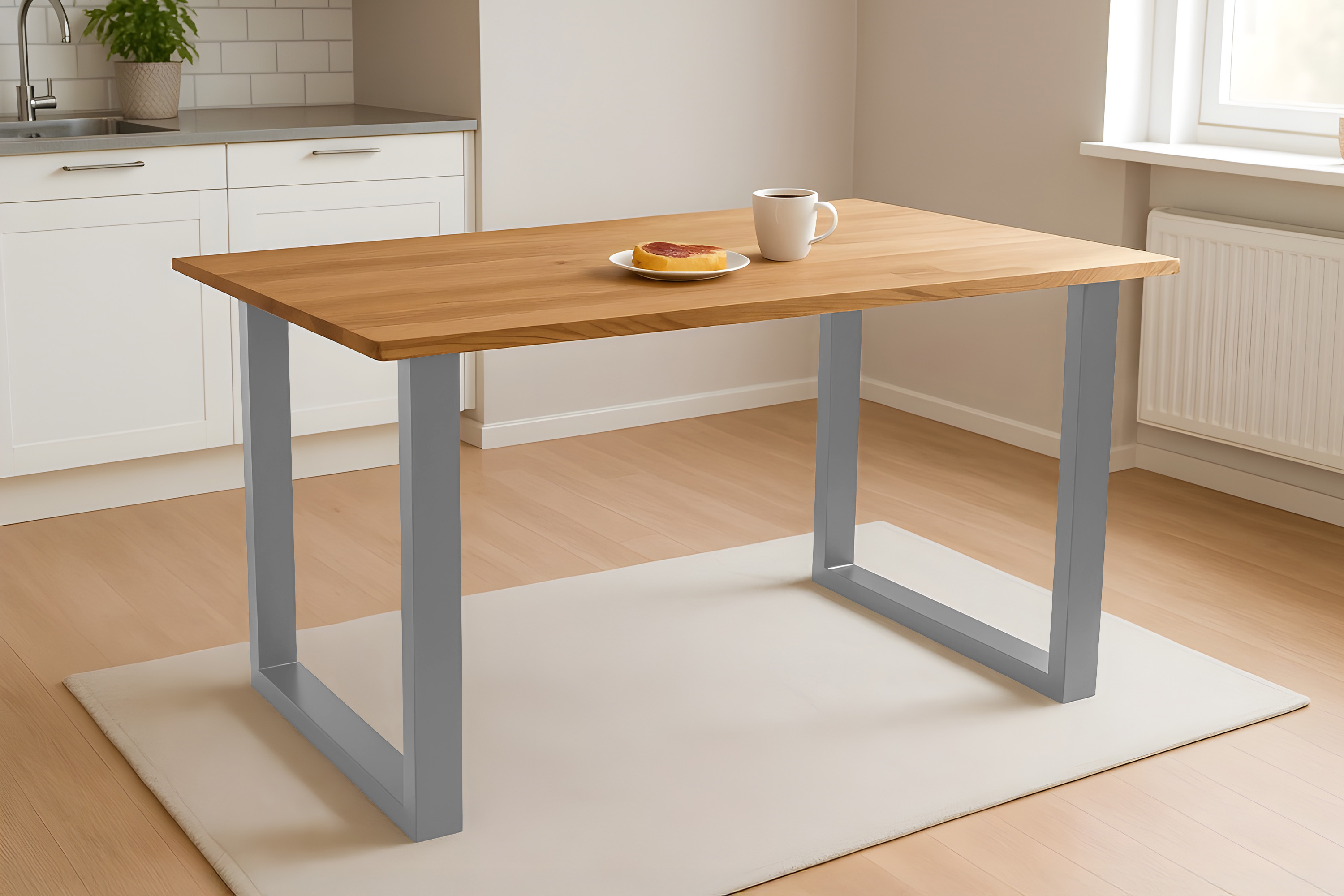 Esstisch Baumkante massiv Eiche geölt 180 x 90 cm U-Gestell silber SALVADOR