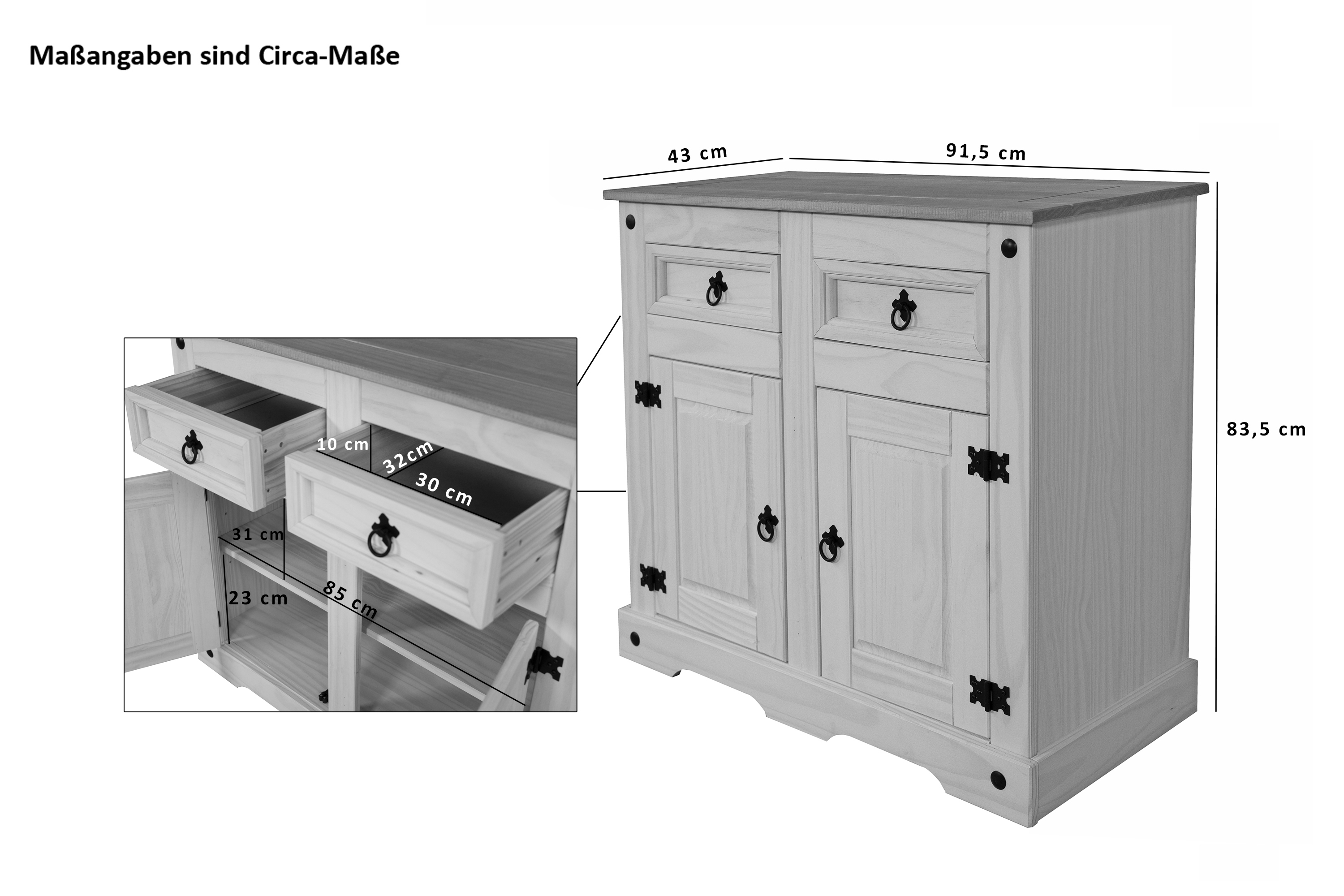  Sideboard Kommode 91,5 x 83,5 x 43 cm Pinienholz weiß grau lasiert MEXICO