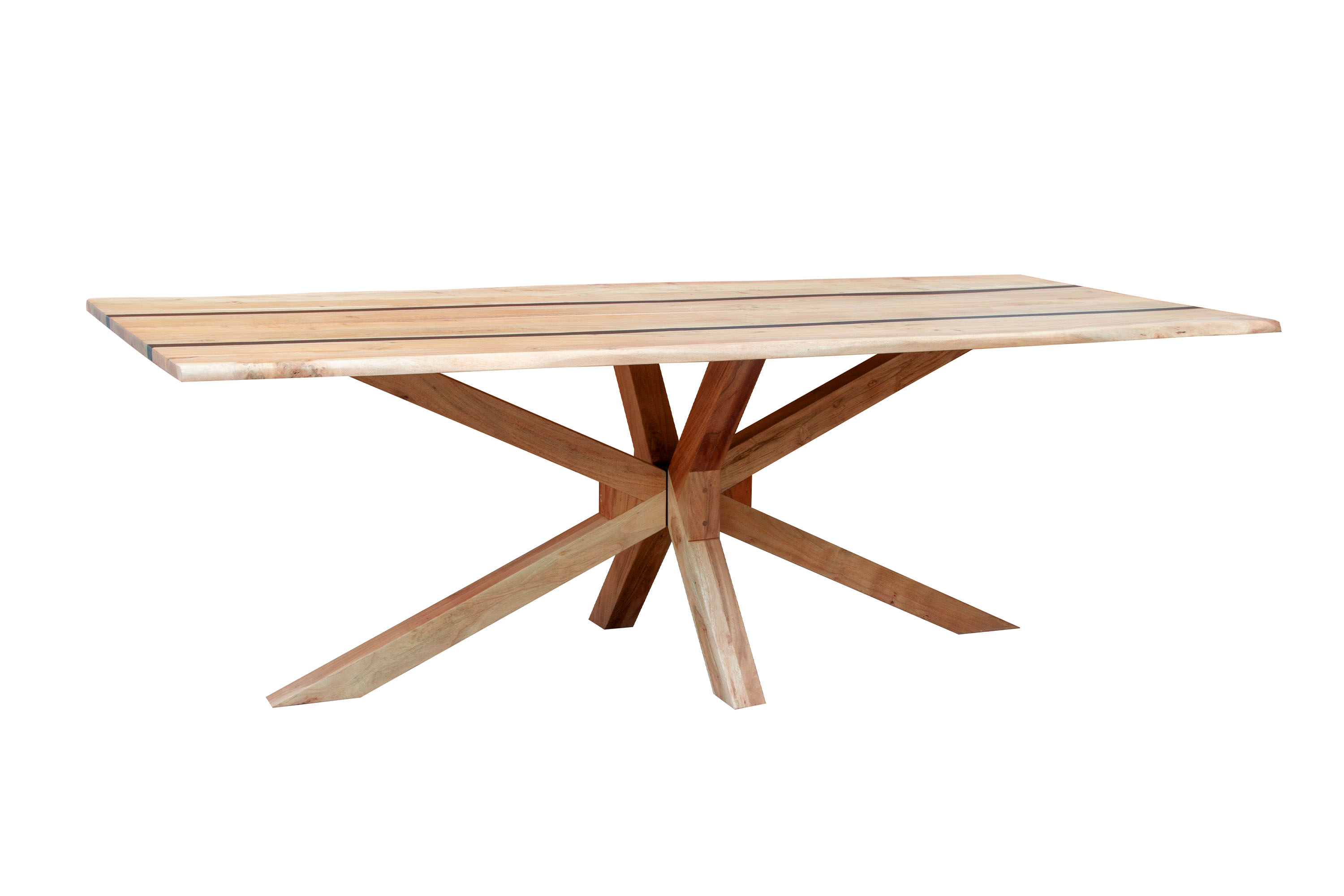 Esstisch 240 x 100 cm Akazie massiv natur mit schwarzen Resin-Adern Spider-Gestell Holz natur PETER