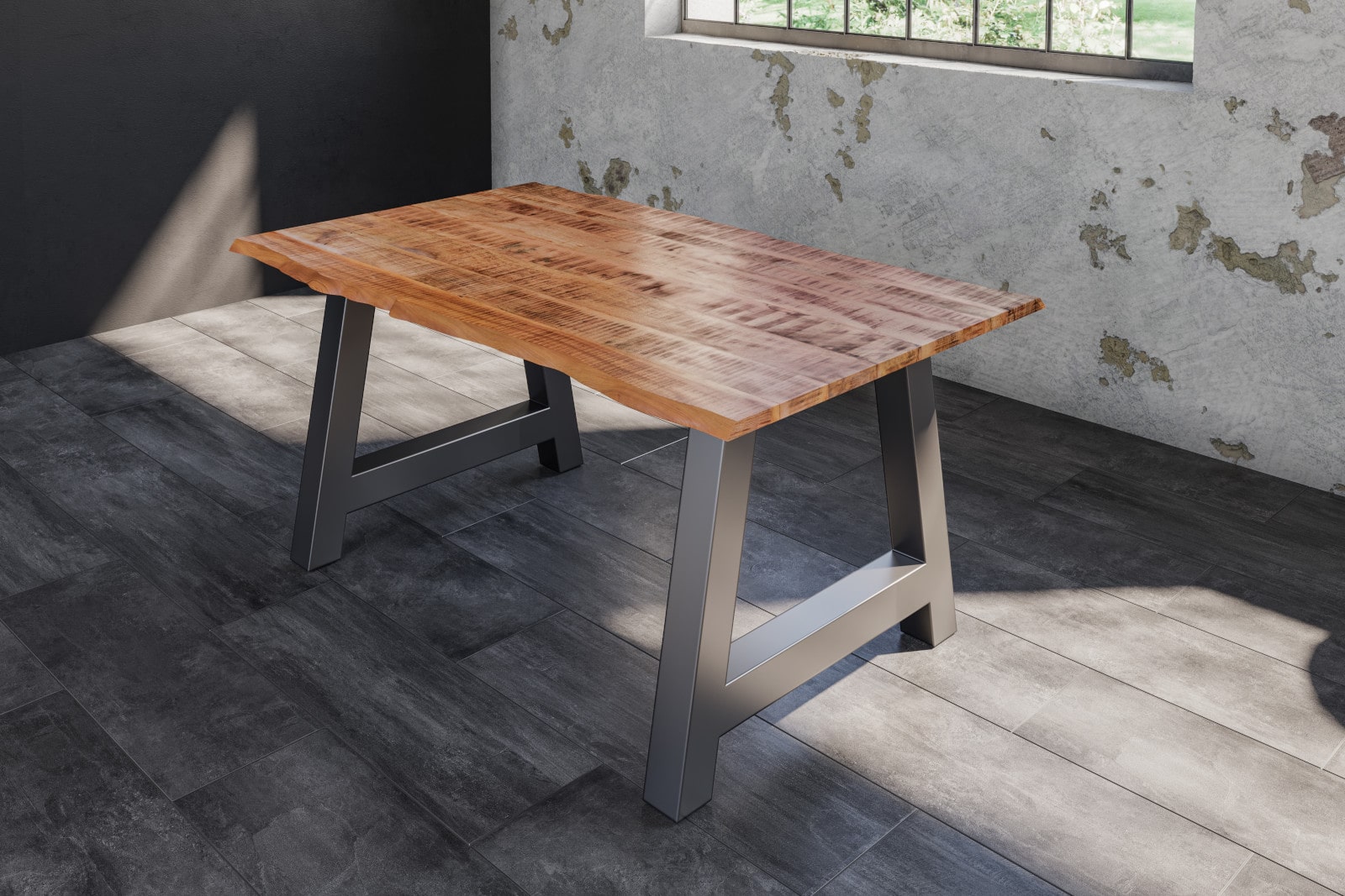 Essgruppe 140 cm Mango naturfarben A-Gestell silber mit 6 Stühlen DORA