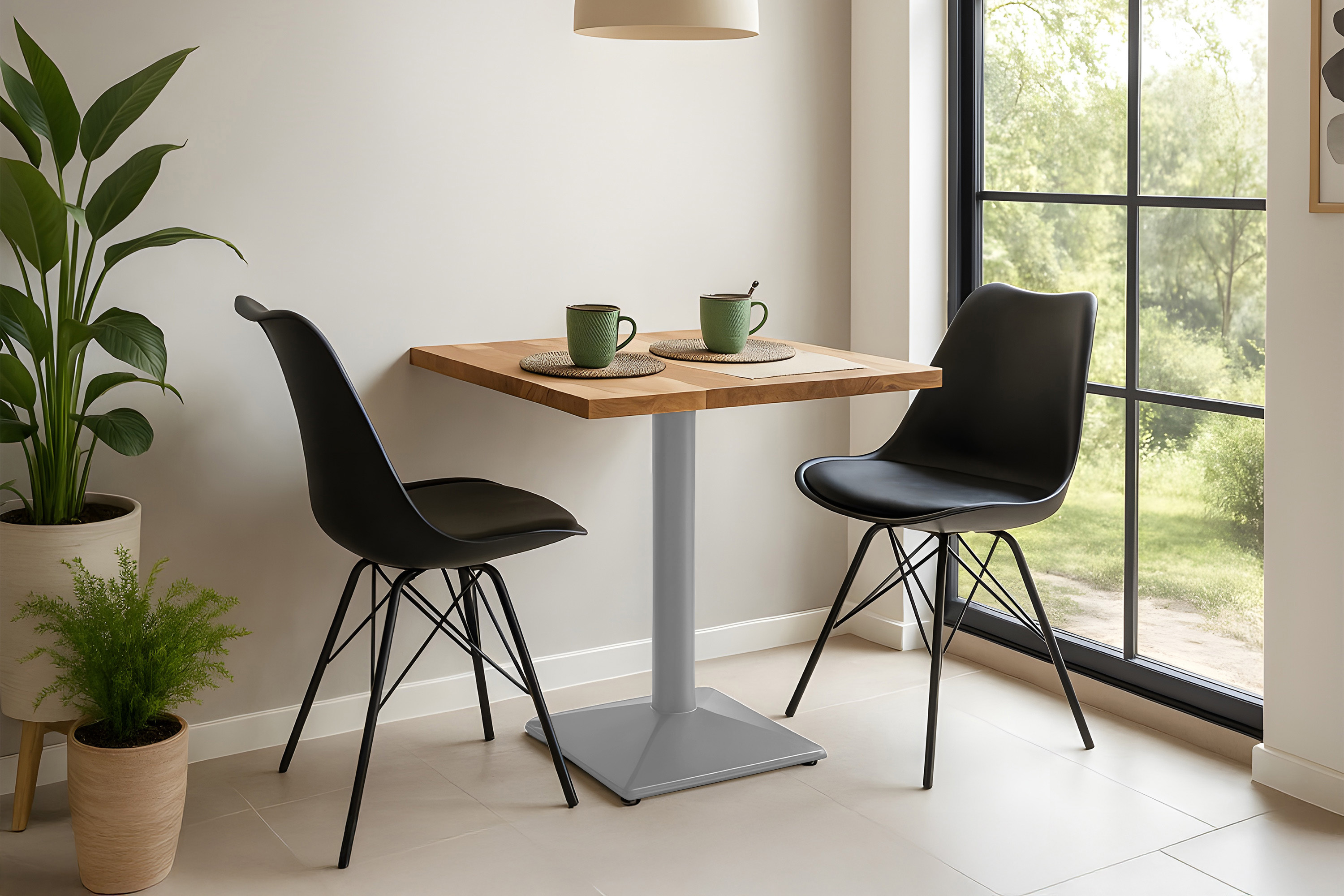Bistrotisch Baumkante massiv 60 x 60 cm Akazie naturfarben Gerade Kante Säulengestell silber BRASILEIRO