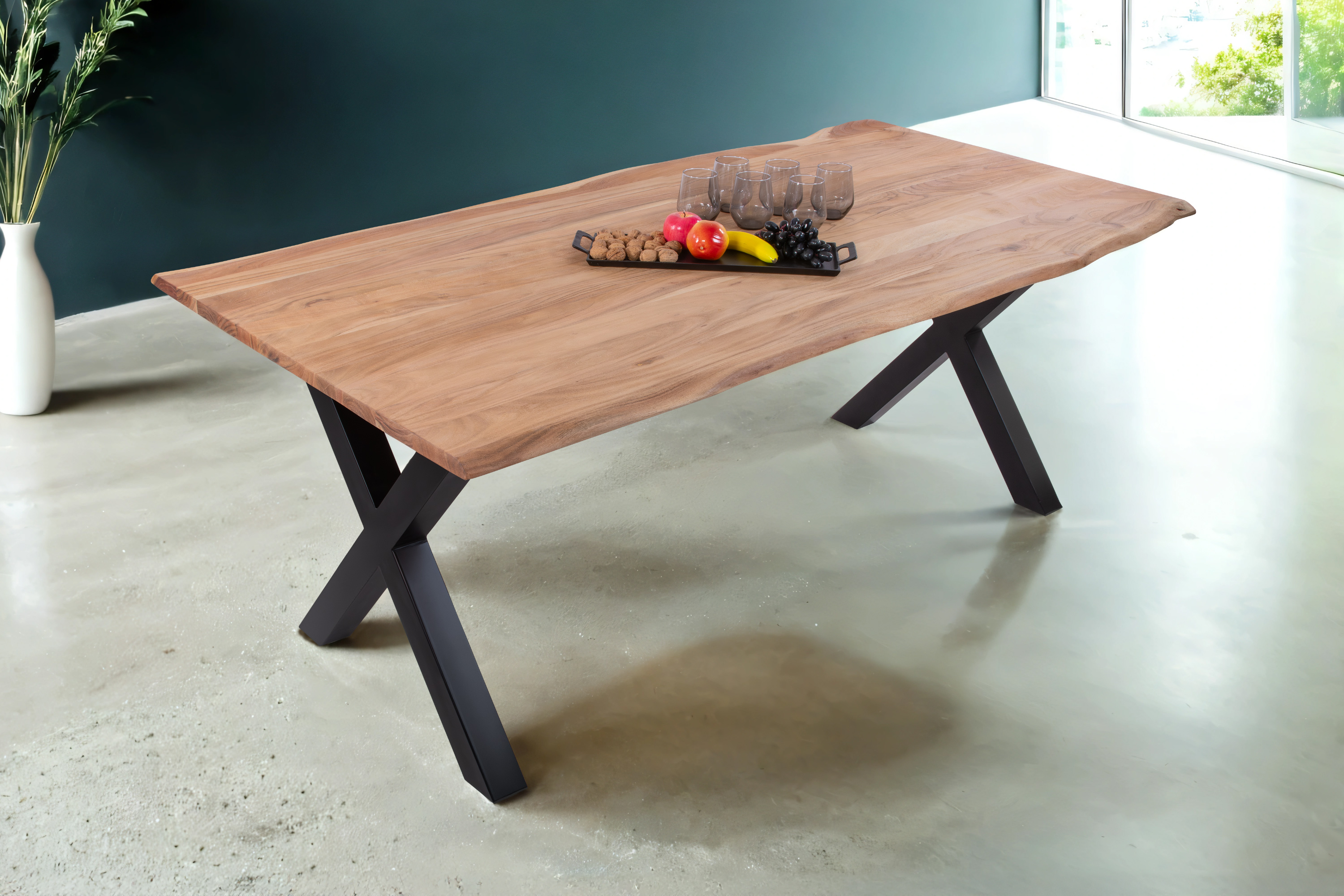 Esstisch Baumkante massiv Akazie eichefarben 160 x 85 cm X-Gestell schwarz DEREK