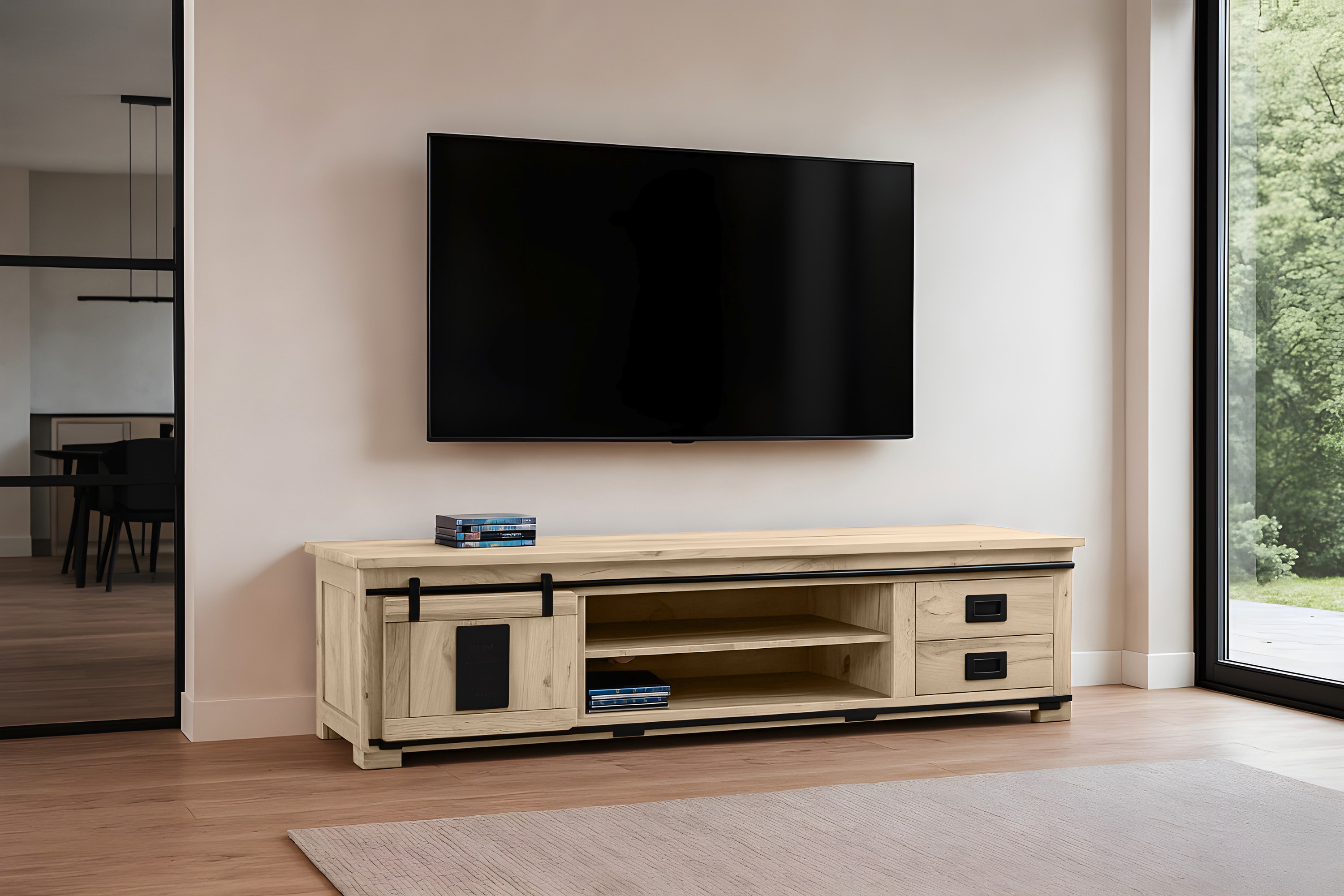 Lowboard Kommode TV-Board mit Schiebetür, 2 Schubfächern & 4 Fächern Akazie massiv eiche 200 x 55 x 50 cm LIBRO